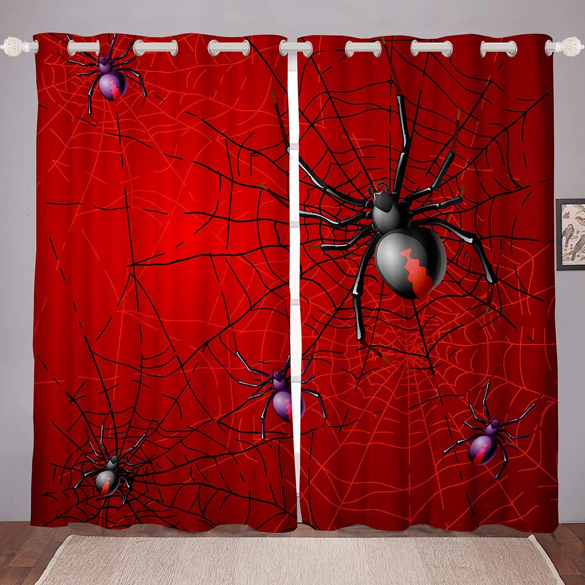 Spider Web Pattern Black Red Window Curtains - 2 Panels 42x63 Inch, Gothic Halloween Decor for Bedroom, Living Room, Dorm - Perfect for Horror Theme Parties & Home Theater Decor
