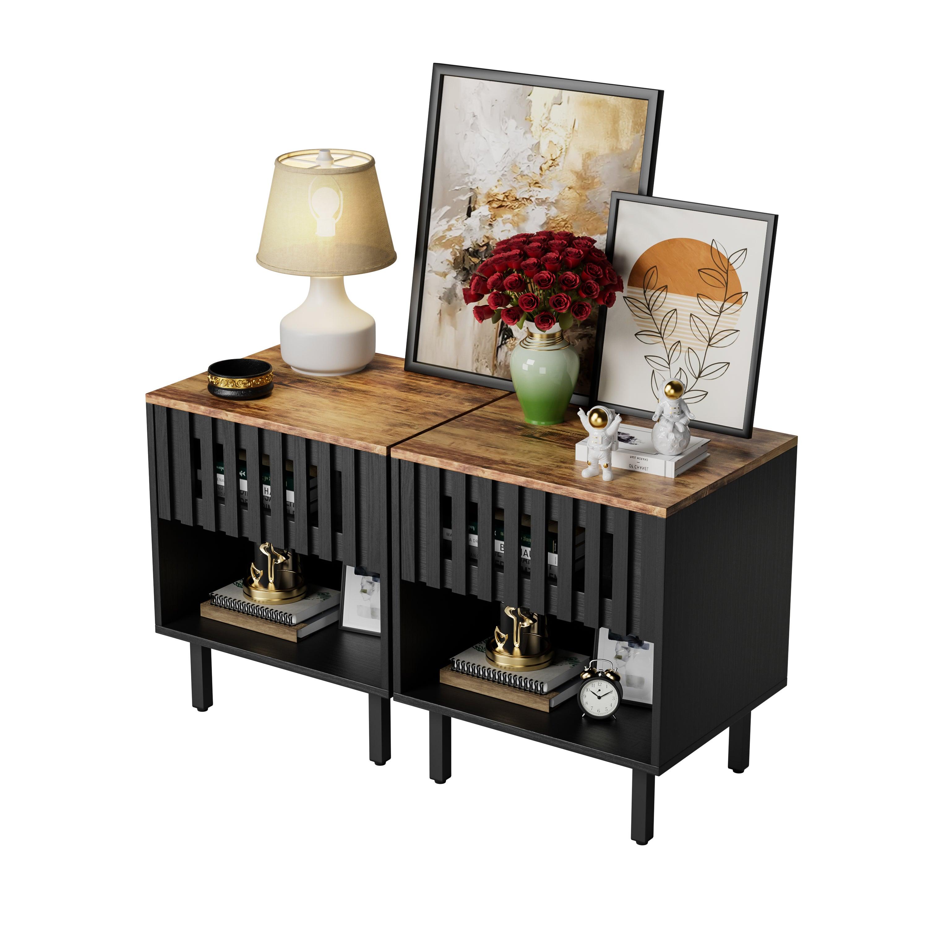 2 Set Mid Century Modern Nightstands with Grille Striped Doors - Bedside Tables with Slatted Drawers & Metal Legs - Stylish End Tables for Bedroom Decor | Perfect for Small Spaces, Guest Rooms & Apartment Living