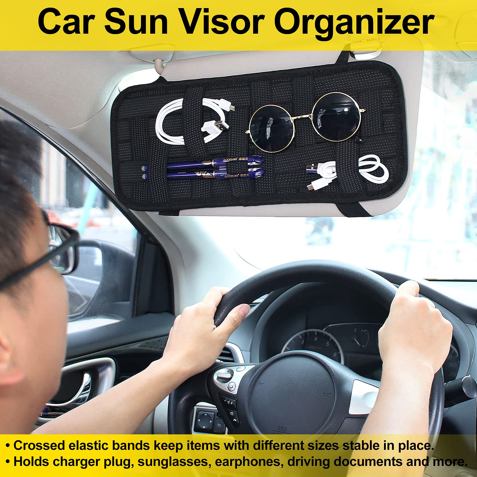Car Sun Visor Organizer with Crossed Non-Slip Elastic Bands - Secure Storage for Sunglasses, Phones & Small Accessories - Perfect for Road Trips & Daily Commute