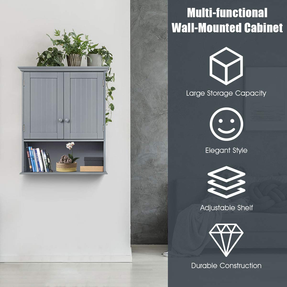 GOFLAME 2-Door Wall Mounted Bathroom Cabinet - Adjustable Shelf Wooden Medicine Storage with Hanging Design, Large Capacity Gray Bathroom Organizer | Perfect for Toilet, Vanity & Shower Storage Organization