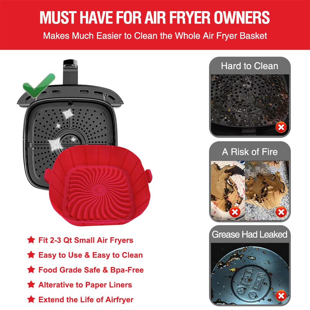 Non-Stick Silicone Air Fryer Liners for 2-3 QT Small Air Fryers - 2 Pack Square Reusable Baking Tray Accessories - Perfect for Healthy Cooking, Roasting, and Baking - Better Than Paper Liners