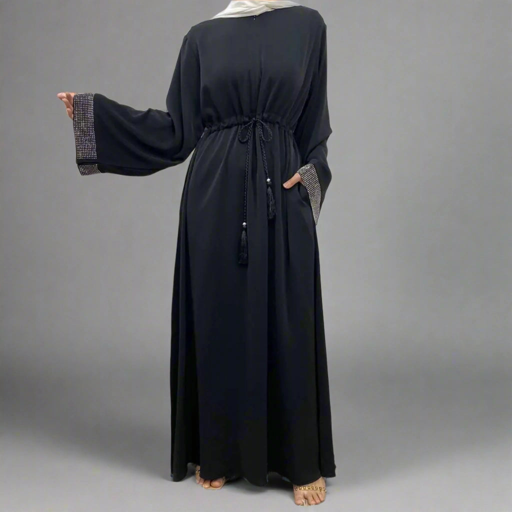 Hotfix Rhinestone Cuff Abaya Dress with Pockets - Elegant Muslim Women's Islamic Clothing for Parties, Weddings & Special Occasions