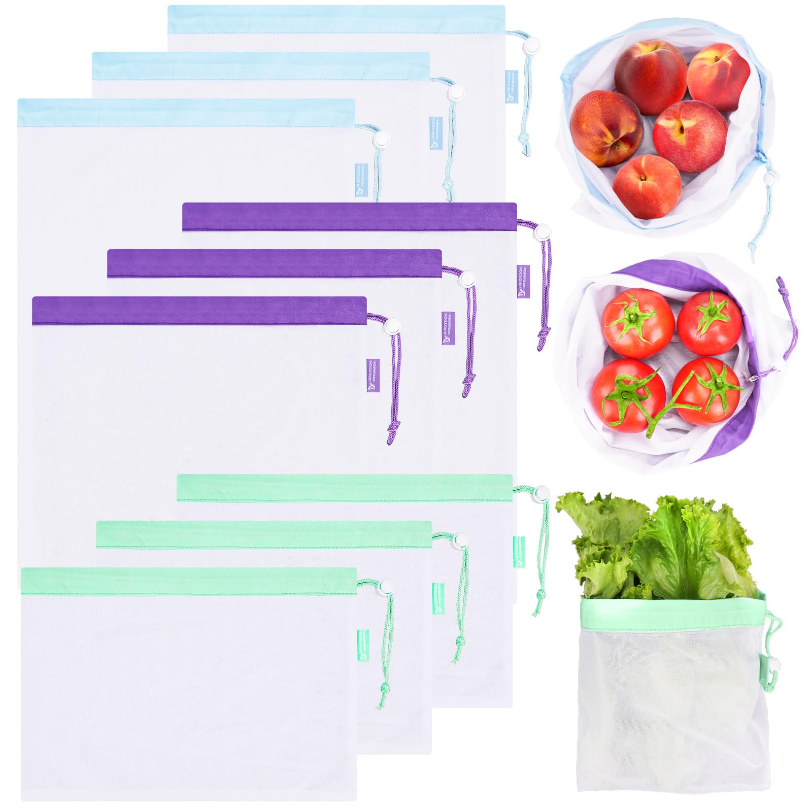 9-Pack Reusable Produce Bags & Vegetable Bags - Heavy Duty Washable Mesh Grocery Bags with Drawstring Closure | Eco-Friendly Storage for Farmers Market, Grocery Shopping, Beach Trips & Fridge Organization (Large, Medium, Small) | Perfect for Zero-Waste Lifestyle & Sustainable Living