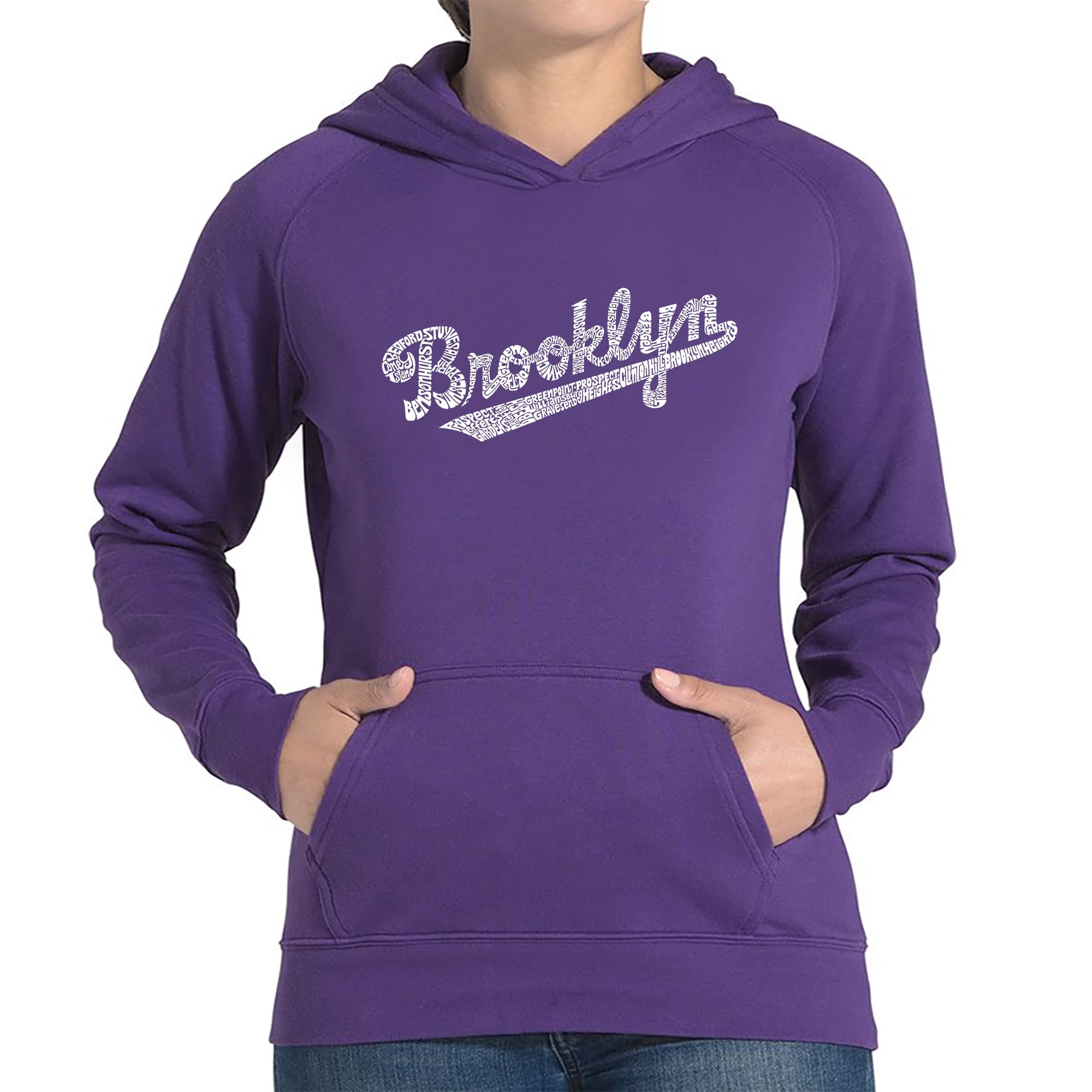 LA POP ART Women's Word Art Hooded Sweatshirt - Brooklyn Neighborhoods Graphic Pullover | Trendy Casual Streetwear for Women | Perfect for Urban Outings & Coffee Dates