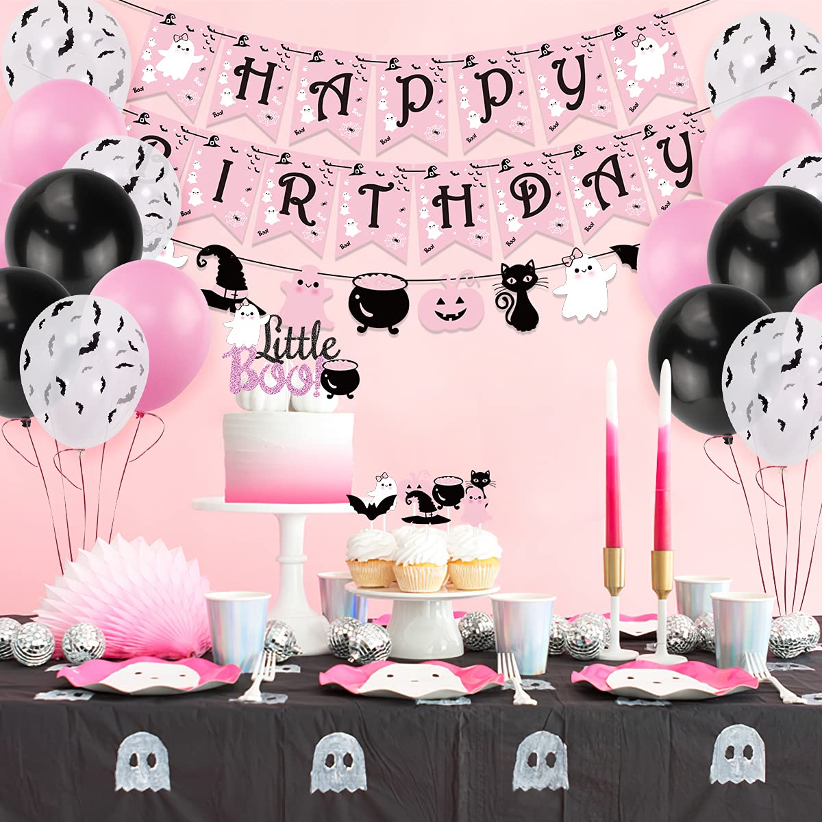Pink Halloween Happy Birthday Banner, Little Boo Cake Topper with Ghost & 30Pcs Bat Balloons - Scary Theme Party Decor for Halloween, Baby Shower, Kids Birthday - Perfect for Indoor & Outdoor Halloween Celebrations