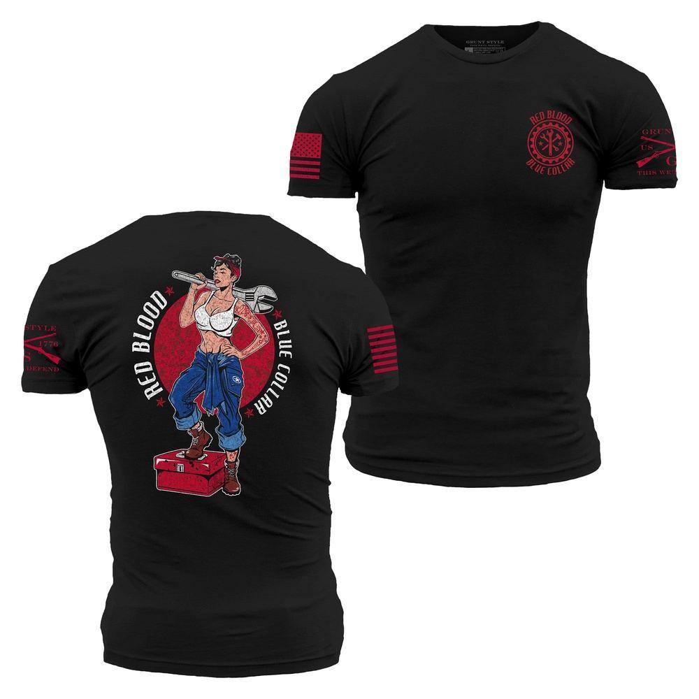 Red Blood Blue Collar® Pinup T-Shirt - Vintage Style Black Cotton Tee for Men & Women | Casual Wear, Retro Fashion, and Everyday Outfits