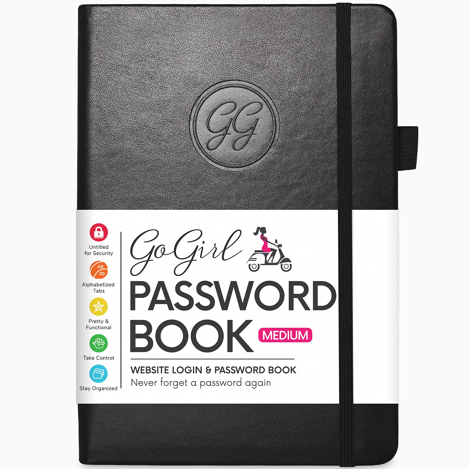 GoGirl Password Organizer with Alphabetical Tabs - Internet Address & Password Logbook for Secure Online Account Management, Medium Size 5.3