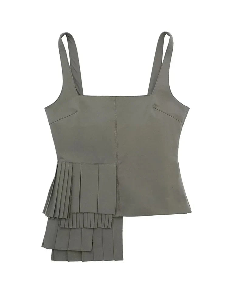 HH TRAF Women's Summer Fashion Asymmetrical Tank Top - Casual Square Neck Slim Fit Sexy Backless Pleated Blouse for Beach, Party & Date Night Outfits