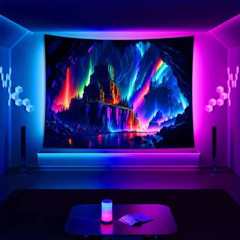 Cave Landscape Glow in the Dark Tapestry - UV Reactive Wall Art Decor for Bedroom, Living Room & Dorm Room Aesthetic