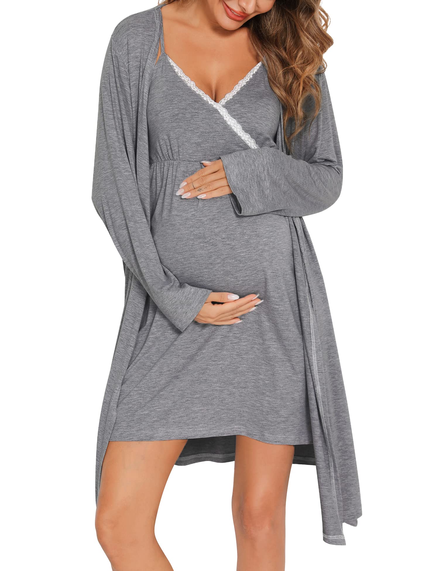 SWOMOG Women's 2-Piece Maternity Robe & Nursing Nightgown - 3-in-1 Breastfeeding Dress with Lace Trim for Labor, Delivery & Postpartum - Soft Nursing Pajama Set for Hospital, Home & Nursing Comfort