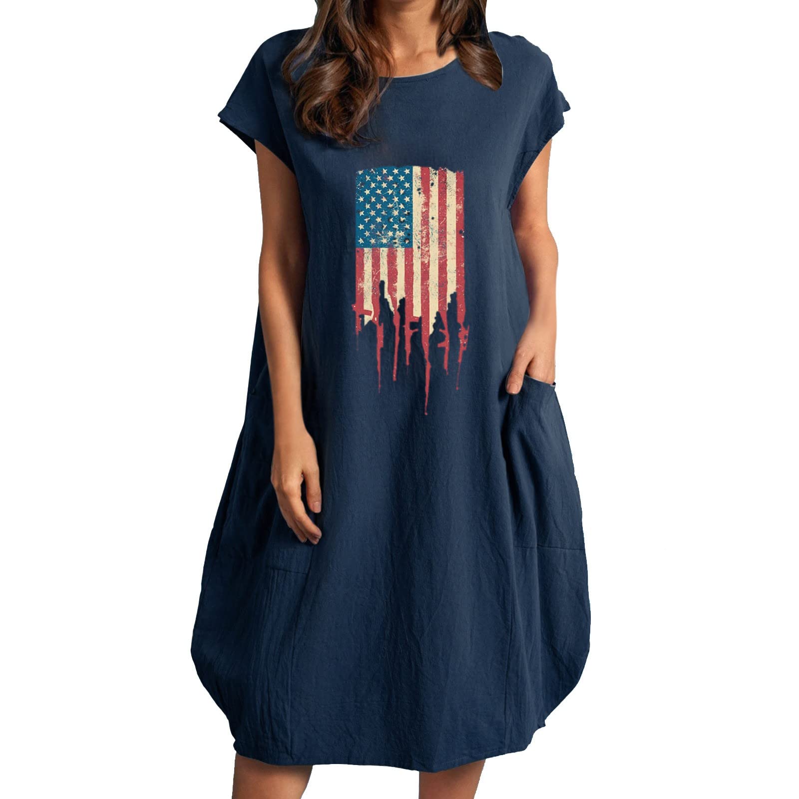 Women's Summer Casual Sun Dress - American Flag Printed Loose Short Sleeve O-Neck Dress | Perfect for Beach Outings, Picnics & 4th of July Celebrations