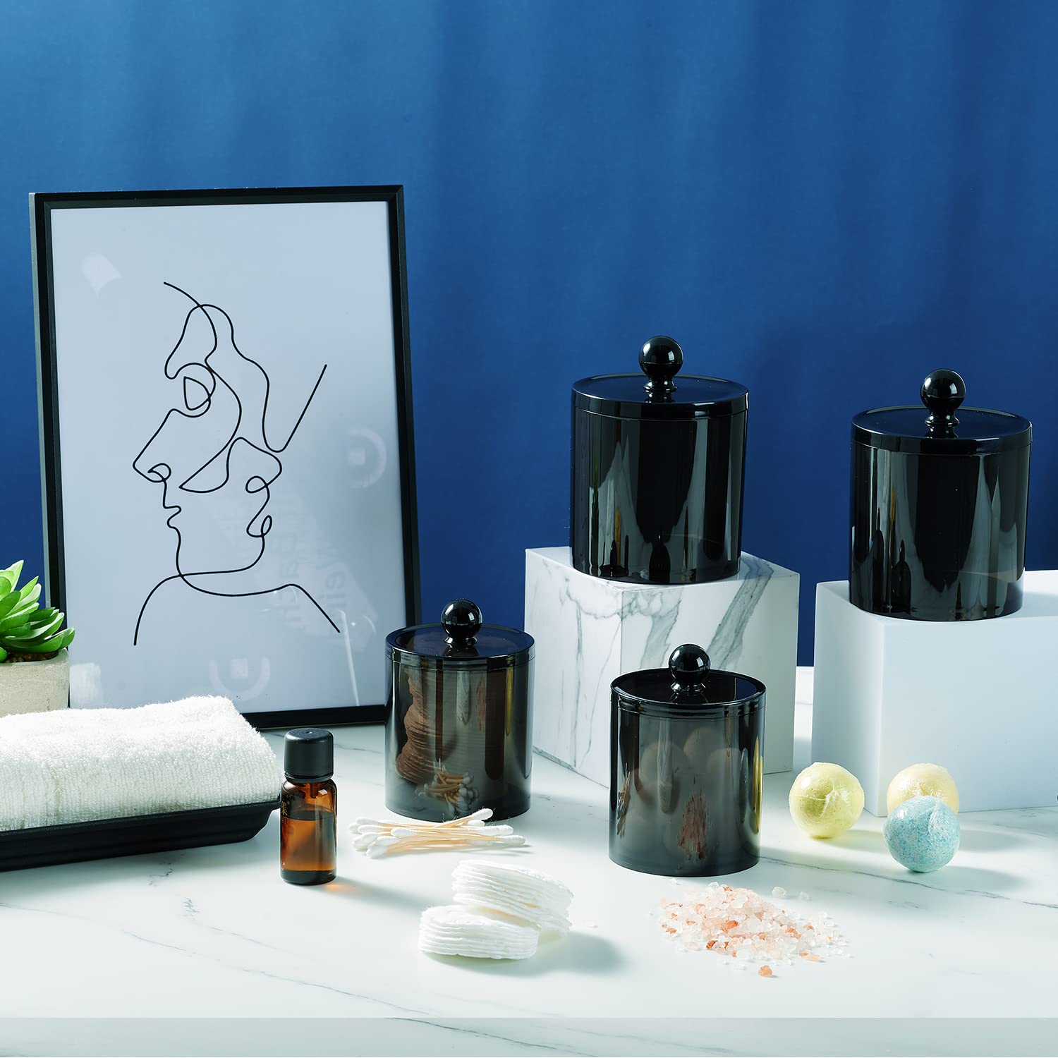 3 Pack Black Plastic Q-Tip Dispenser Apothecary Jars with Labels - Cotton Swab Holder & Storage Organizer for Bathroom, Vanity, Salon (Cotton Balls, Rounds, Floss Picks, Hair Clips & Ties) - Perfect for Countertop Organization and Travel Essentials