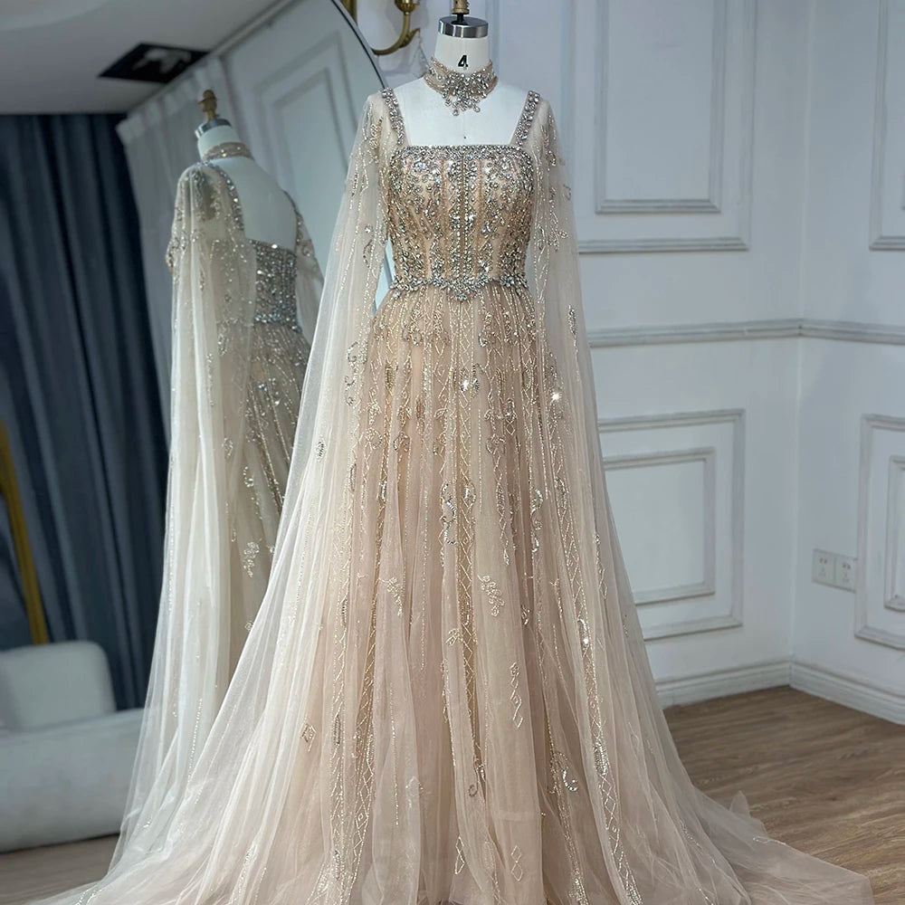 Luxury Dubai Arabic Nude A-Line Cape Sleeve Crystal Beaded Evening Gown for Women - Saudi Formal Dress LA72764 | Wedding, Prom, Gala & Special Occasions