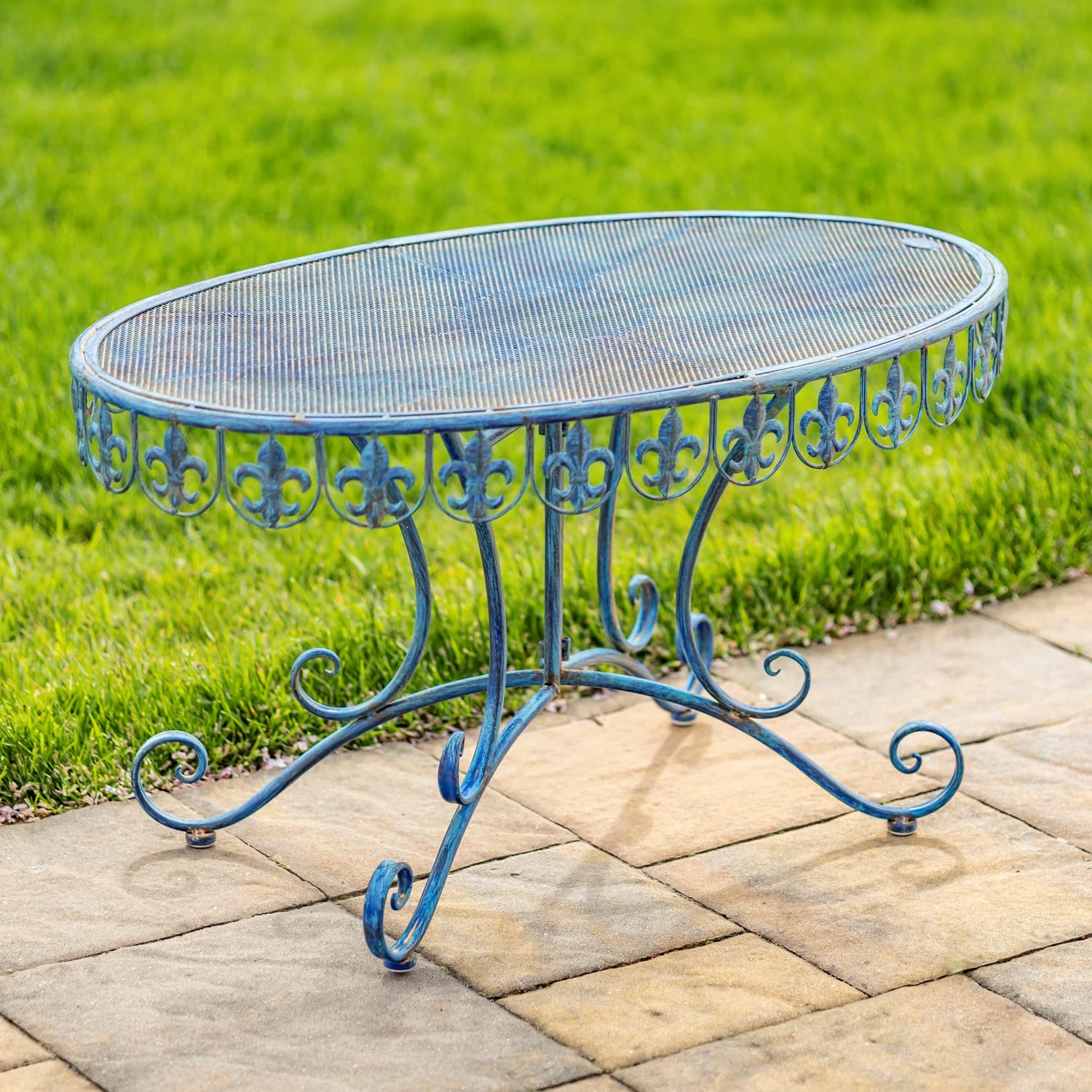 La Rochelle Collection Outdoor Metal Garden Furniture Set - Curvy Fleur-de-Lis Design Cobalt Blue Coffee Table | Patio, Poolside & Backyard Decor