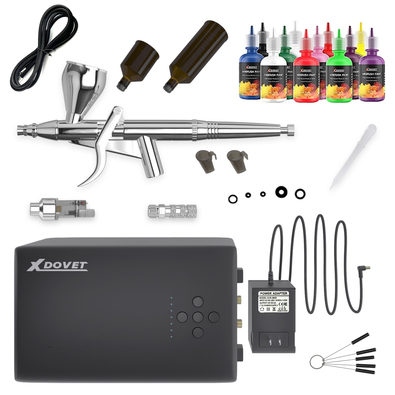 XDOVET 55PSI High-Pressure Airbrush Kit with Air Compressor - 6-Speed Adjustable Trigger Airbrush Gun & 12-Color Paint Set - Perfect for Miniature Painting, Model Cars, Cake Decorating & DIY Crafts
