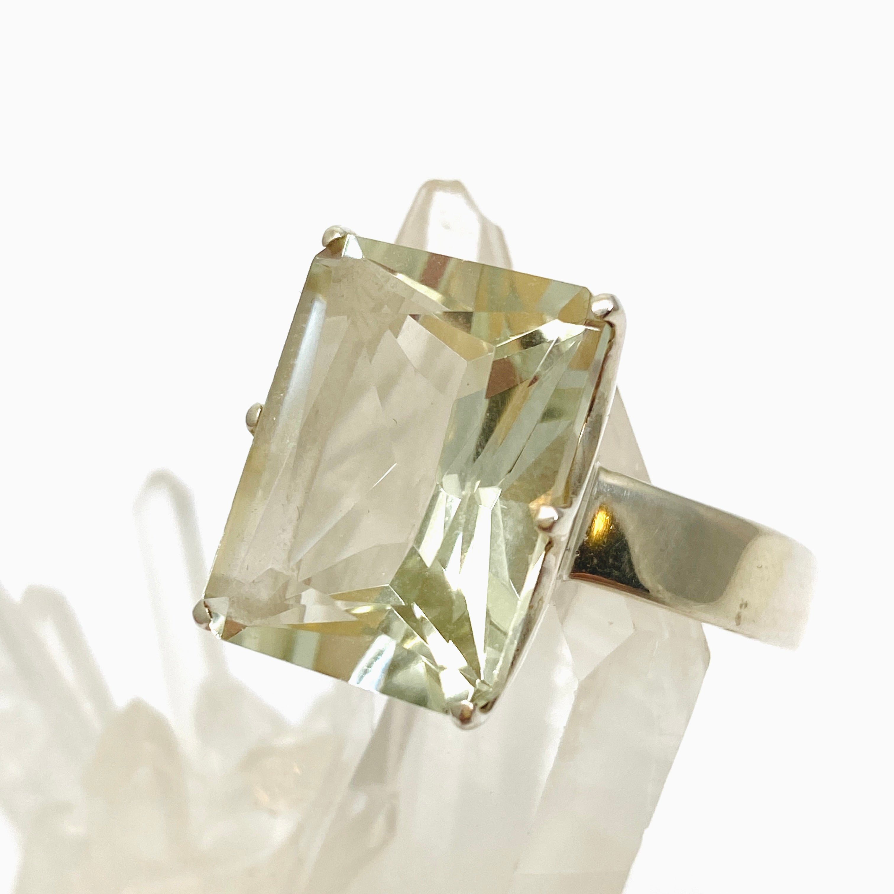Prasiolite (Green Amethyst) Emerald Cut Faceted Ring - Size 13 - Sterling Silver Jewelry PRGJ616 - Perfect for Weddings, Anniversaries & Special Occasions