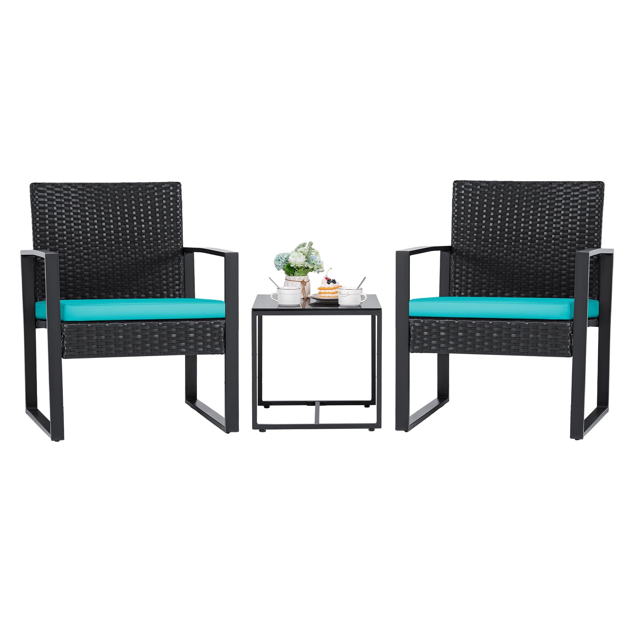 Modern Outdoor Wicker Bistro Set - Patio Furniture with Rattan Chairs & Coffee Table for Garden, Backyard, Balcony (Blue) | Perfect for Relaxing, Entertaining & Outdoor Dining