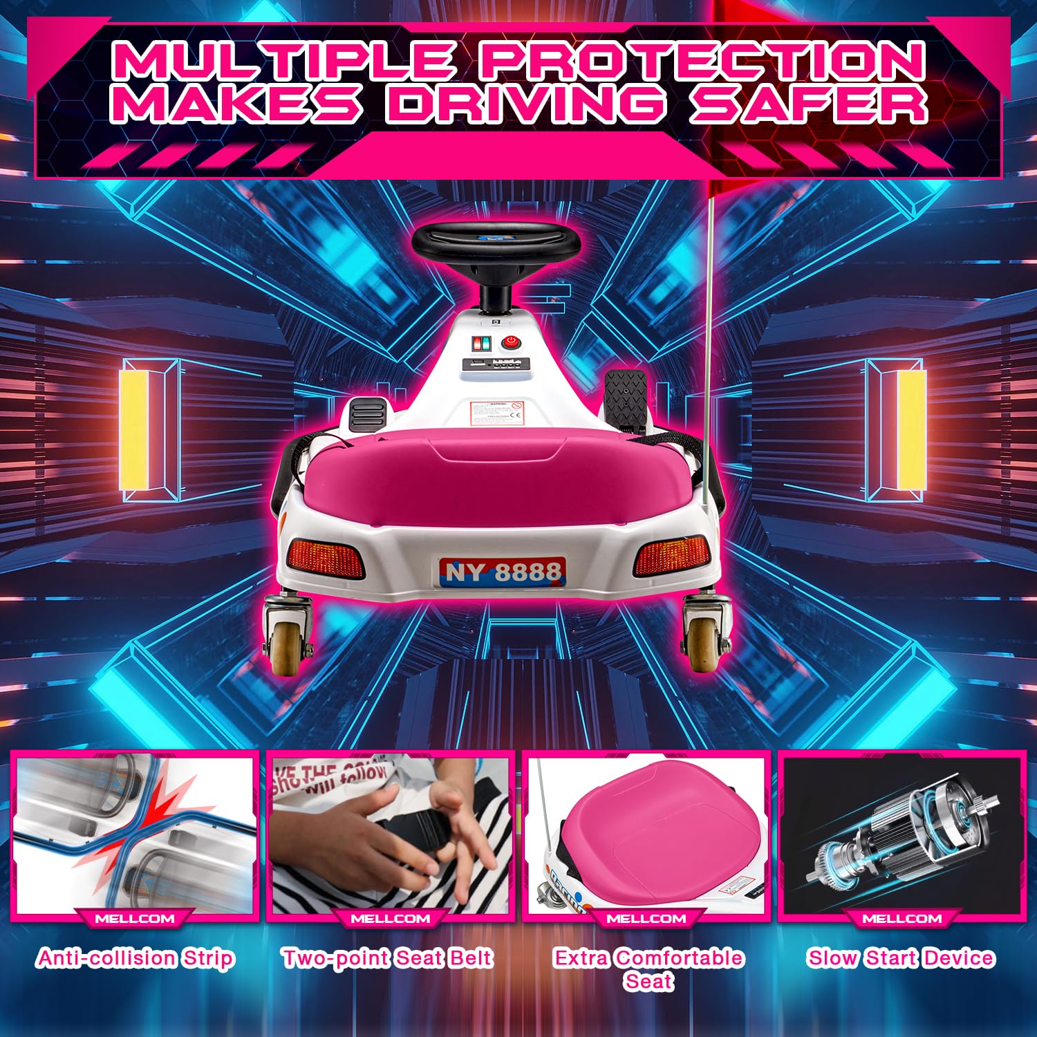 MELLCOM 24V Electric Drifting Go Kart for Kids - 360° Rotatable Wheels, Bluetooth, LED Lights & Music | Ride-On Toy Car with Acceleration Pedal | Perfect for Birthday Gifts, Outdoor Play & Backyard Racing (Pink)