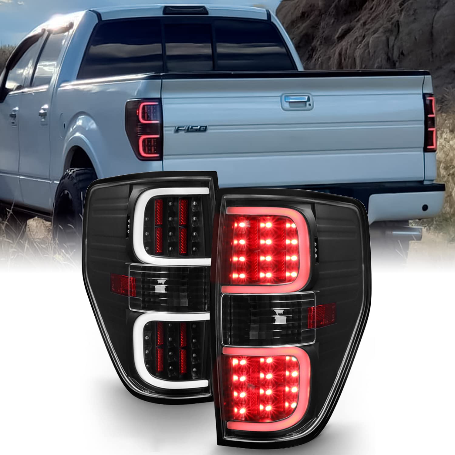AKKON Black LED Tube Tail Lights Brake Lamps for 2009-2014 Ford F150 Pickup Truck - Left & Right Pair Set - Enhanced Visibility & Style for Night Driving & Off-Road Adventures