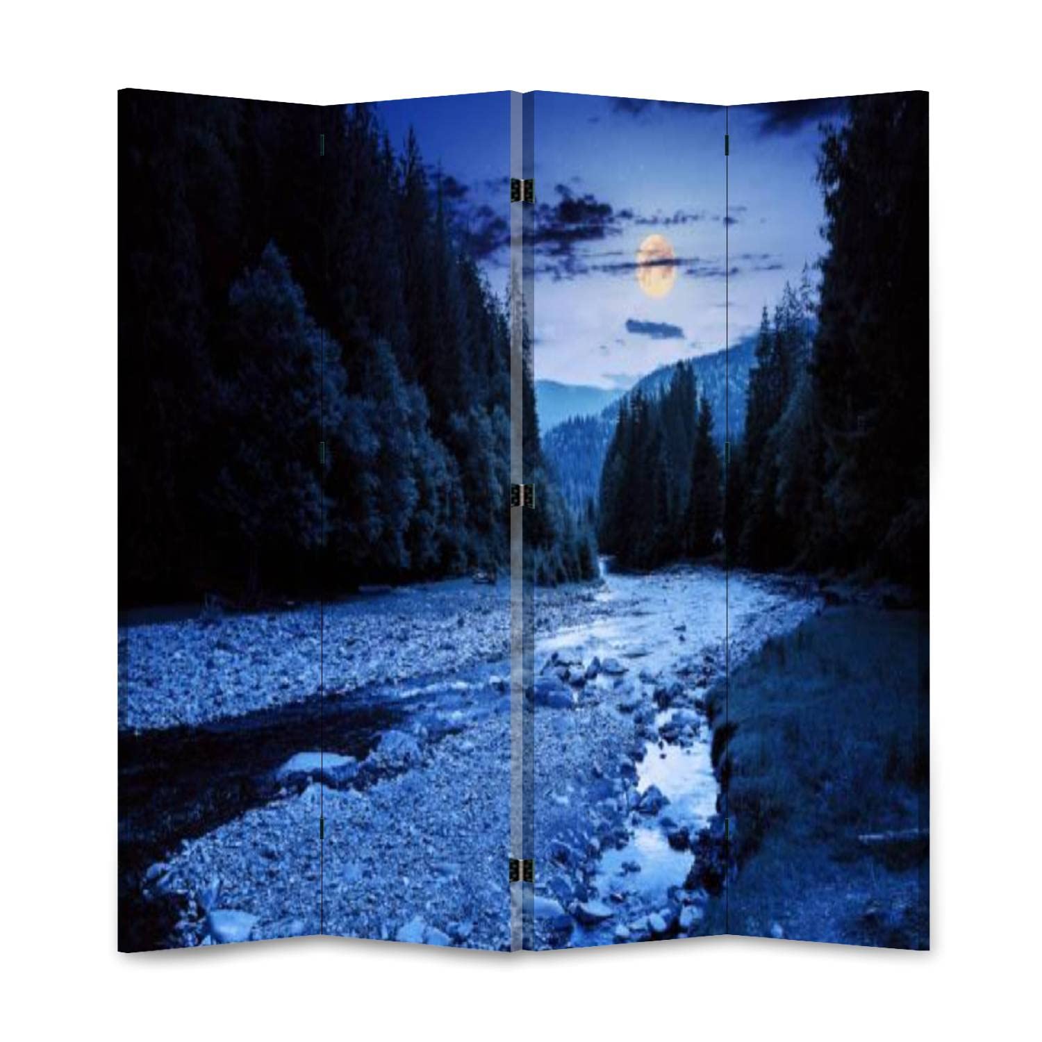 Wooden Screen Room Divider - Mountain River Forest Valley Design - Double Sided Canvas Folding Privacy Panel - 4 Panel Foldable Partition Wall for Home & Office Decor