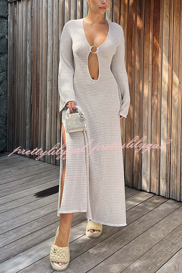 Elegant Knit Ring Detail Cutout Maxi Dress for Women - Perfect for Beach Cover Up, Summer Vacations & Evening Parties