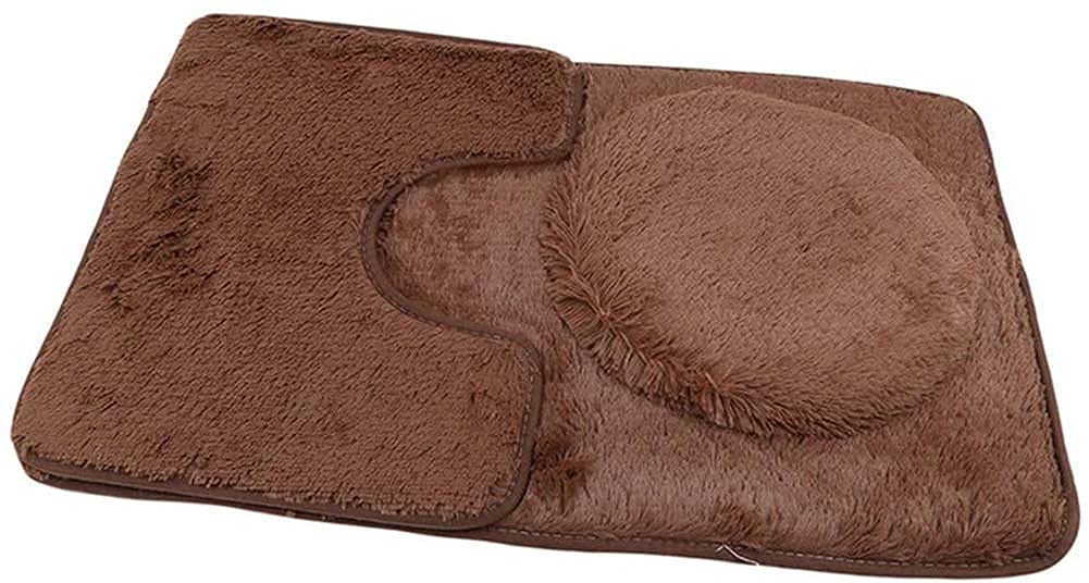 ESUPPORT 3-Piece Solid Color Bathroom Rug Set - Soft, Absorbent, Non-Slip Bath Mat & Toilet Lid Cover - Washable Brown - Perfect for Bathroom, Shower, and Toilet Area