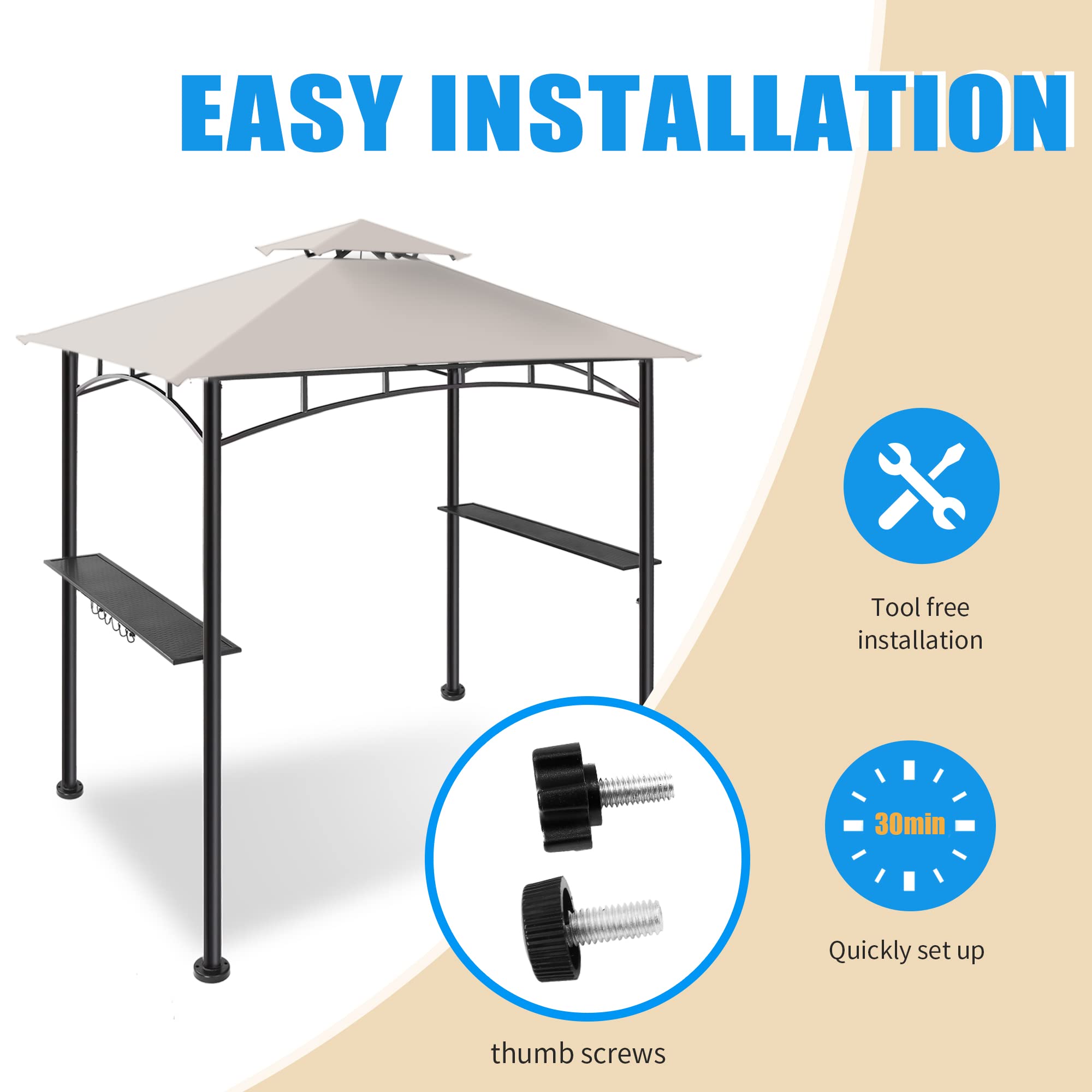 5x8 Grill Gazebo Canopy with Shelves & 2 LED Lights - Waterproof Outdoor BBQ Shelter for Patio, Backyard, Garden - Grey FAB BASED Gazebo for Cooking, Dining & Entertaining