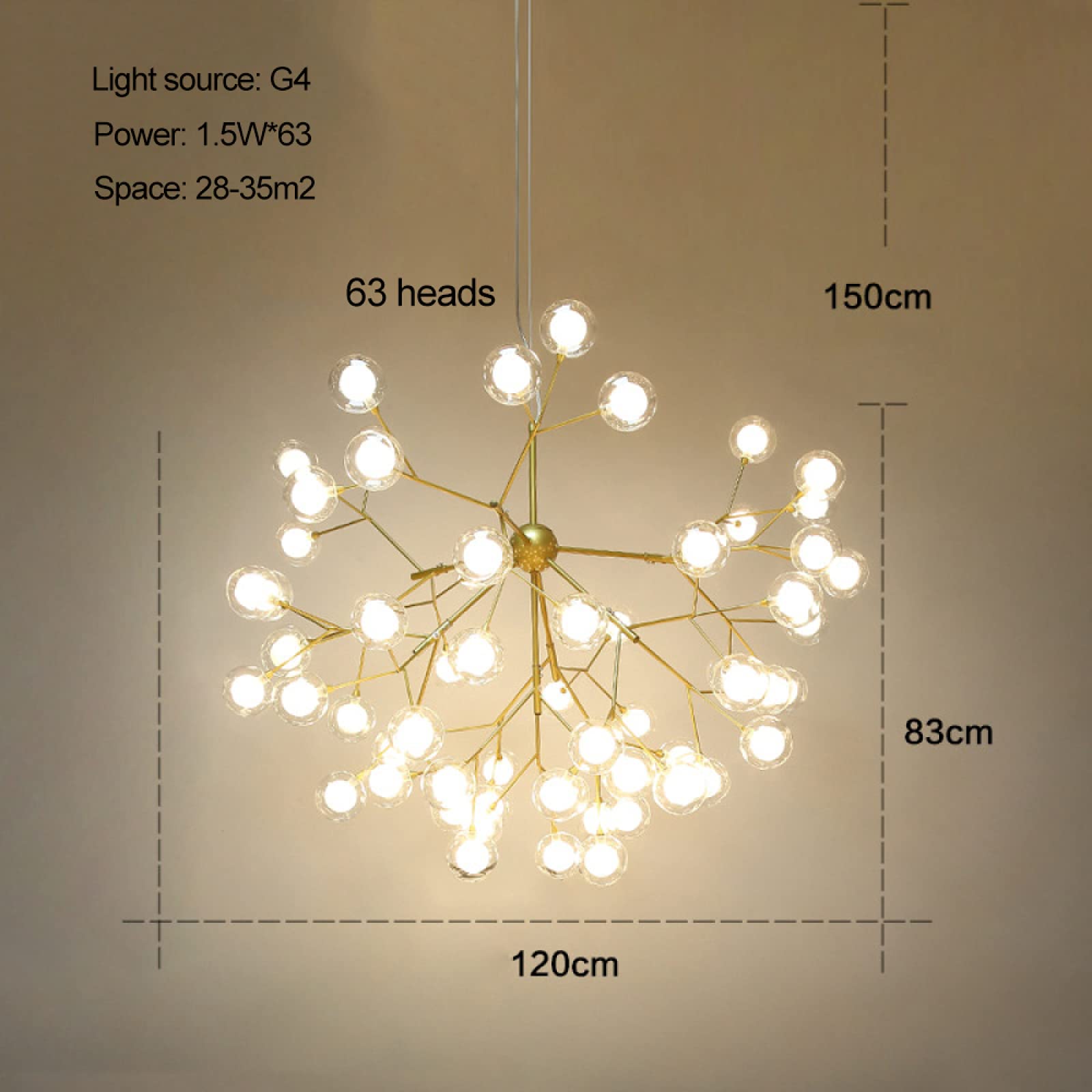 63-Lights LED Glass Ball Chandelier - Modern Firefly Pendant Light with Gold Finish & Stepless Dimming - Creative Sputnik Hanging Lamp for Living Room, Bedroom, Restaurant, Cafe, Bar & Wedding Decor