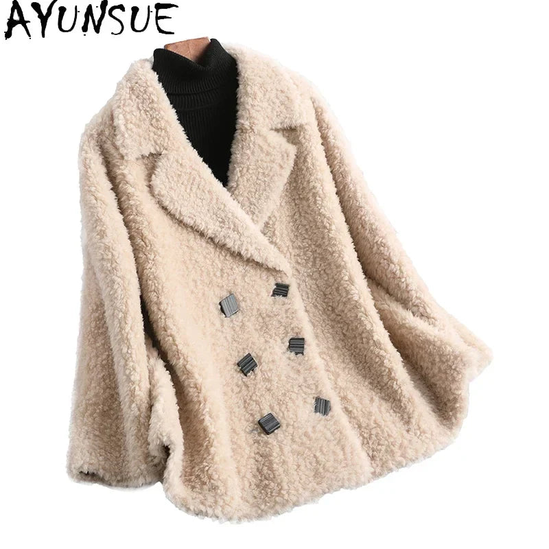 AYUNSUE Women's Short Real Sheep Shearling Coat - Winter Wool Jacket with Fur Trim, Korean Style Casual Outerwear for Women - Perfect for Cold Weather, Daily Wear, and Fashion Outfits