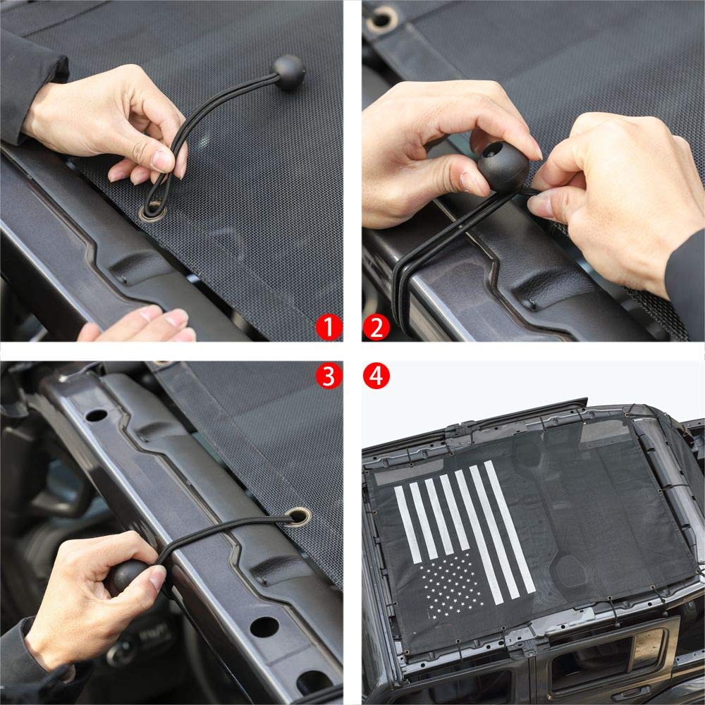 2018-2019 Jeep Wrangler JL 4-Door Sunshade Mesh Top Cover - UV Protection Accessory with Black US Flag Design | Perfect for Off-Roading & Summer Driving