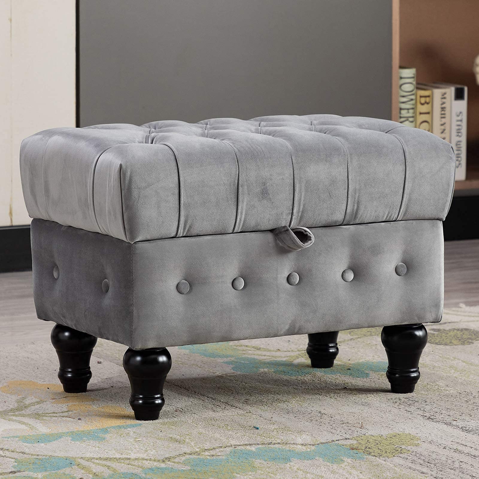 Artechworks Rectangular Storage Coffee Table Ottoman with Button Tufted Upholstery - Multifunctional Footstool, Toy Box & Space-Saving Stool for Living Room, Bedroom & Home Office (Grey) - Perfect for Small Spaces, Kids' Room Organization & Cozy Home Decor