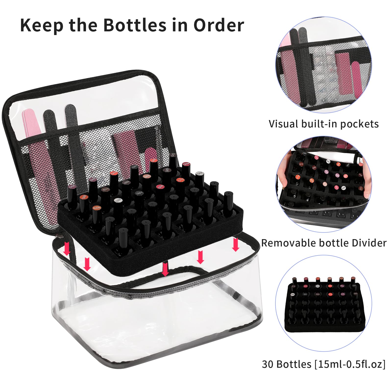 Beloving 30 Bottle Nail Polish Organizer Bag - Portable Manicure Kit Case for 15ml/0.5oz Nail Supplies, Travel-Friendly Nail Art Tools Storage Pouch (Black) - Perfect for Salon Professionals, Home Nail Care & On-the-Go Touch Ups