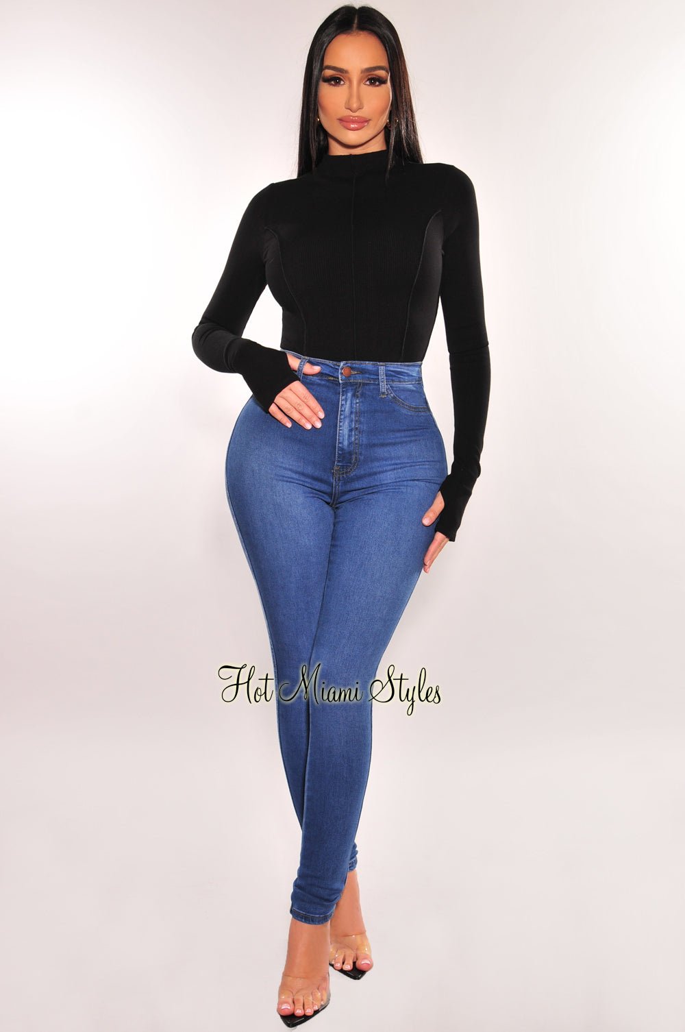 Black Ribbed Mock Neck Exposed Seams Long Sleeve Thong Bodysuit for Women - Sexy Lingerie & Layering Top for Date Night or Club Outfits