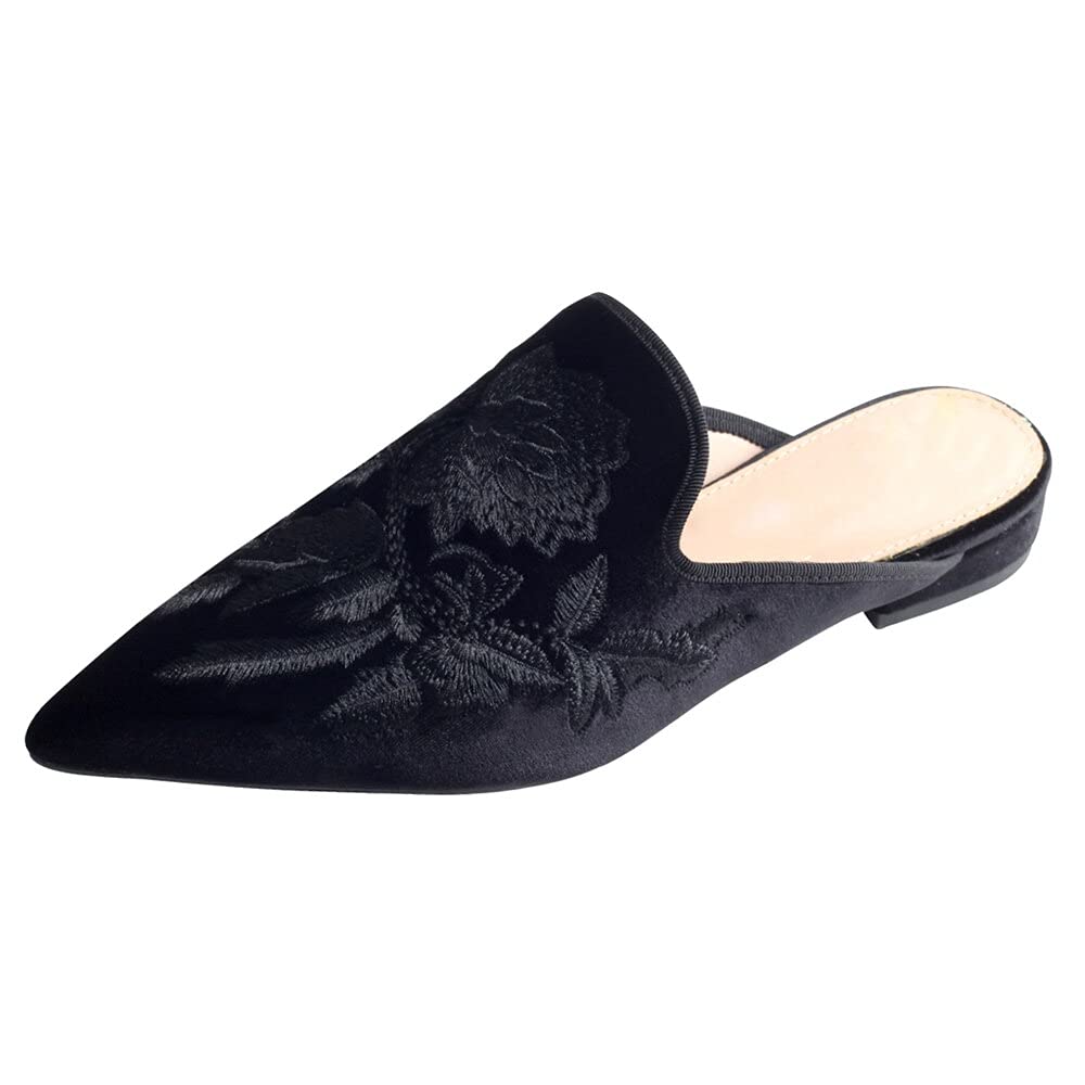 Women's Embroidered Mule Flats - Pointy Toe Backless Slip-On Loafers & Slippers | Comfortable House Shoes for Women | Perfect for Home, Office & Casual Outings