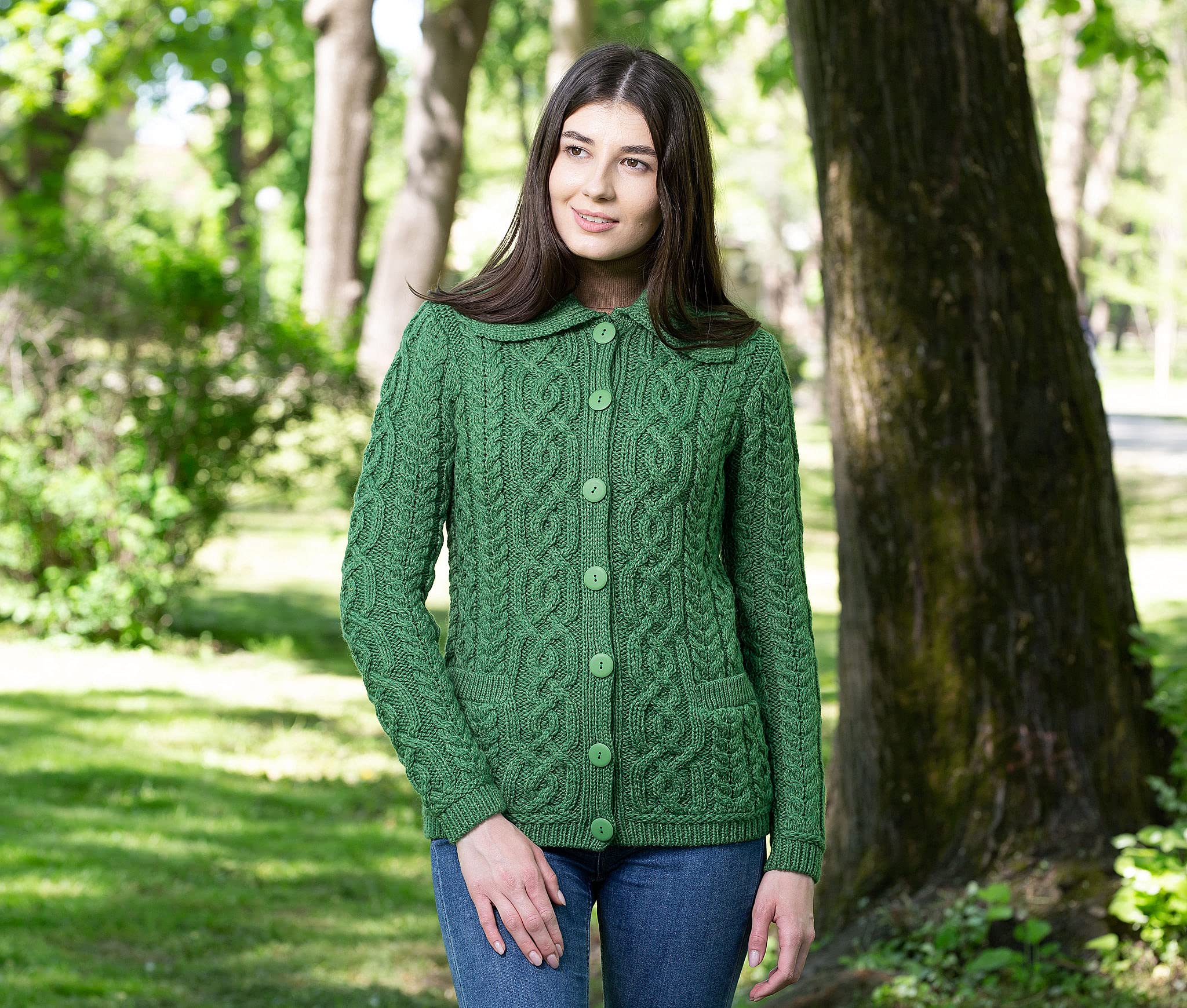 SAOL Women's 100% Merino Wool Irish Aran Cardigan Sweater - Celtic Knit Design with Pockets | Warm Winter Coat for Casual Outings & Office Wear