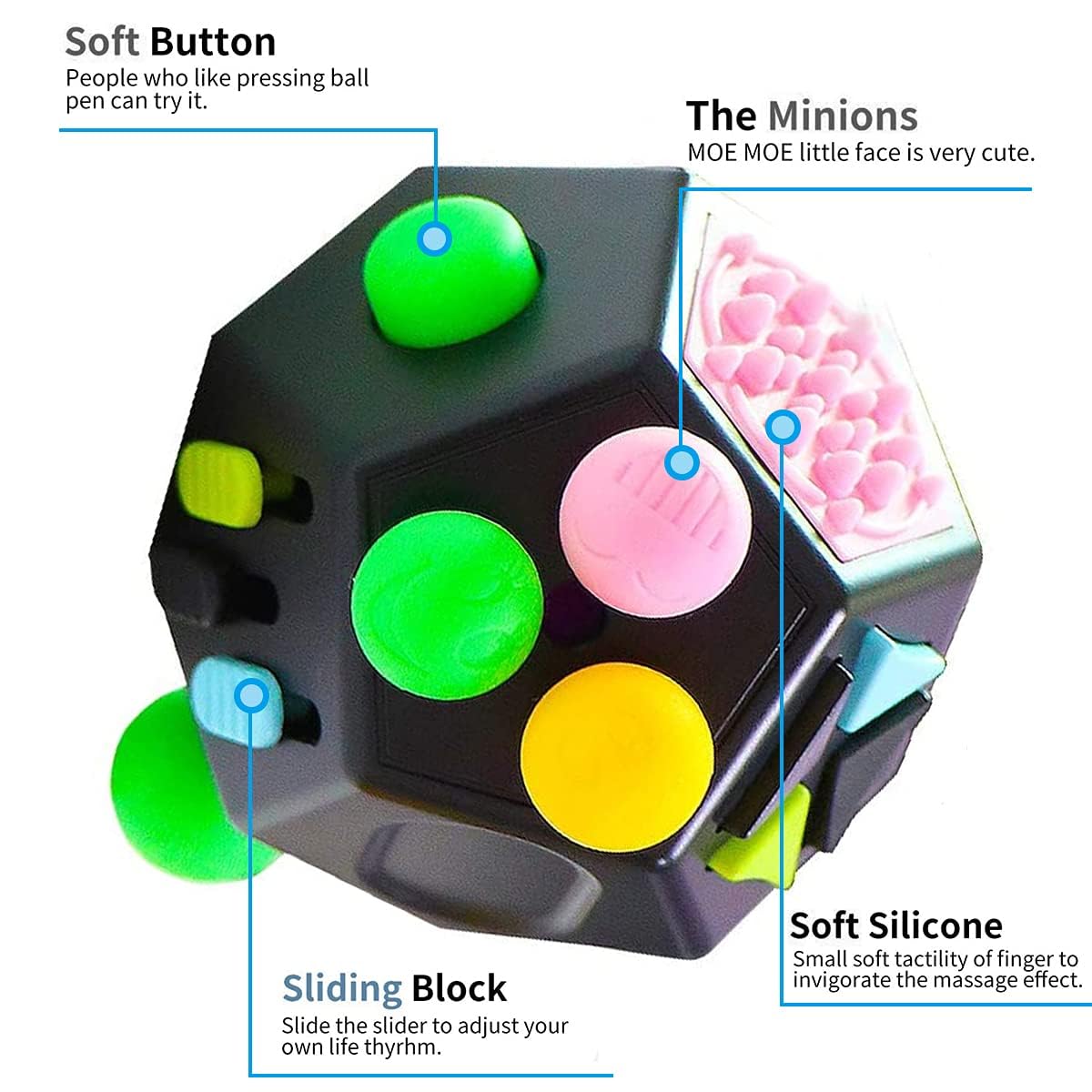 12-Sided Fidget Cube Toy for Stress Relief - Anxiety Sensory Toys for Kids, Teens & Adults with ADHD, OCD, Autism - Perfect for Office, School & Travel (Black)
