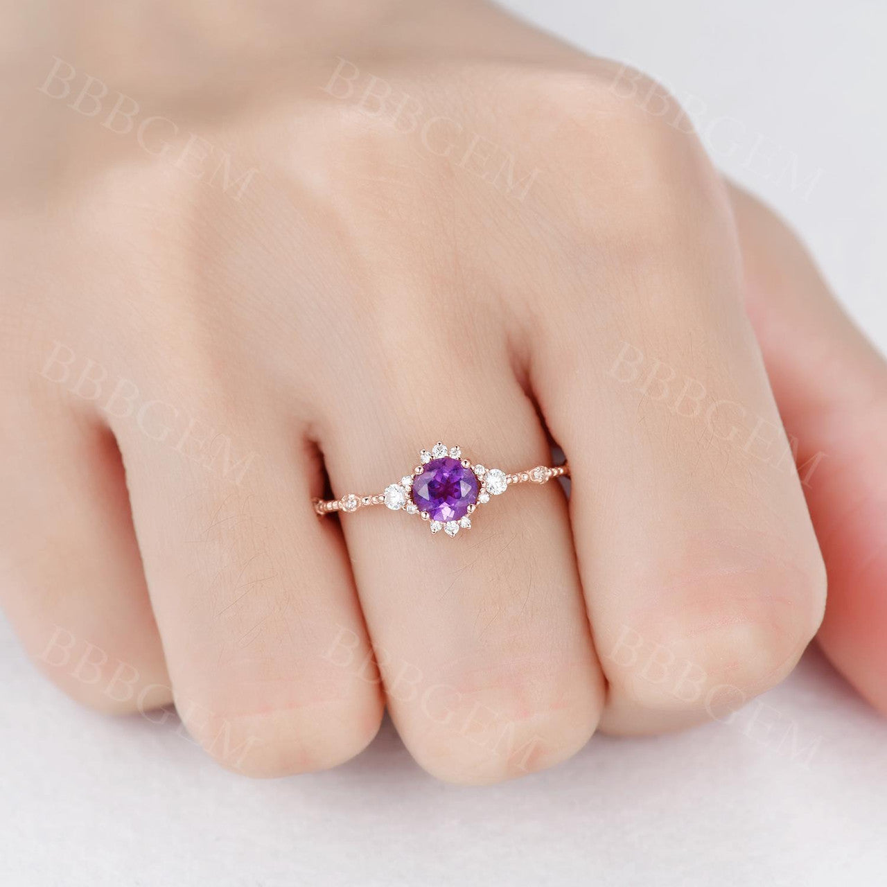 5mm Round Cut Amethyst Engagement Ring - Dainty Purple Gemstone & Diamond Wedding Band for Women | Perfect for Proposals, Anniversaries & Romantic Occasions