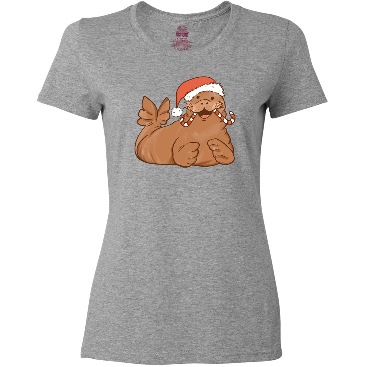 Inktastic Candy Cane Walrus Women's T-Shirt - Funny Christmas Holiday Graphic Tee for Women - Perfect for Xmas Parties & Casual Winter Wear