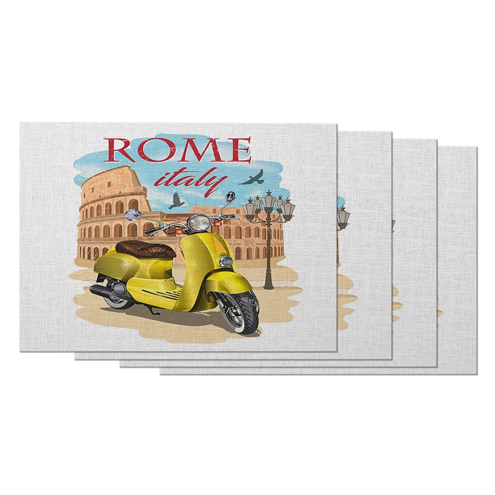 Vintage Rome Colosseum Retro Scooter Placemats Set of 4 - 12x18 Inch Cotton Linen Table Mats for Dining, Kitchen & Home Decor | Italy Coliseum Motorbike Theme | Perfect for Italian-Themed Dinners & Cafe Style Decor