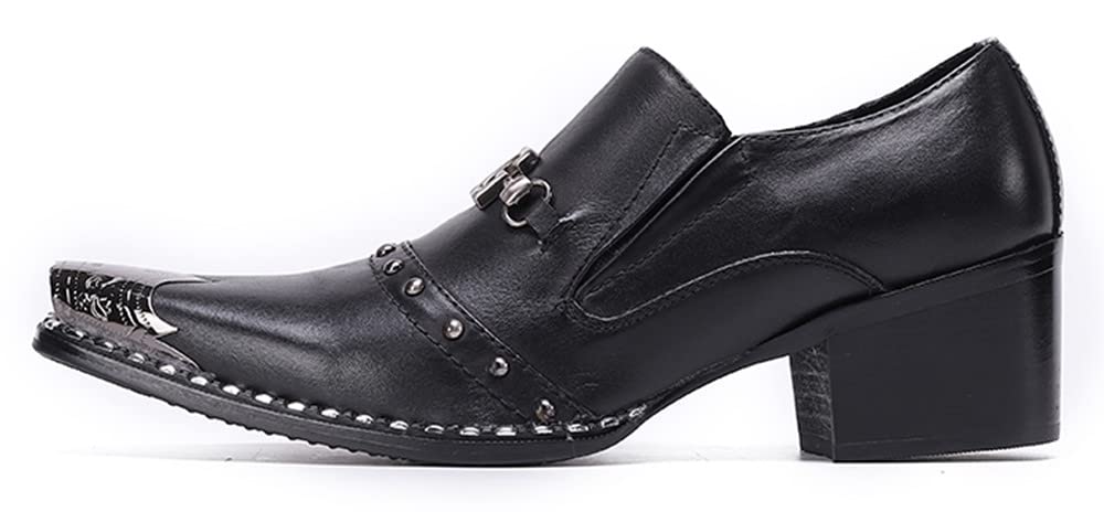Santimon Men's Genuine Leather Loafers with Stacked Heel & Metal Cap Toe - Classic Snaffle Bit Design for Formal Wear, Business Meetings & Wedding Attire