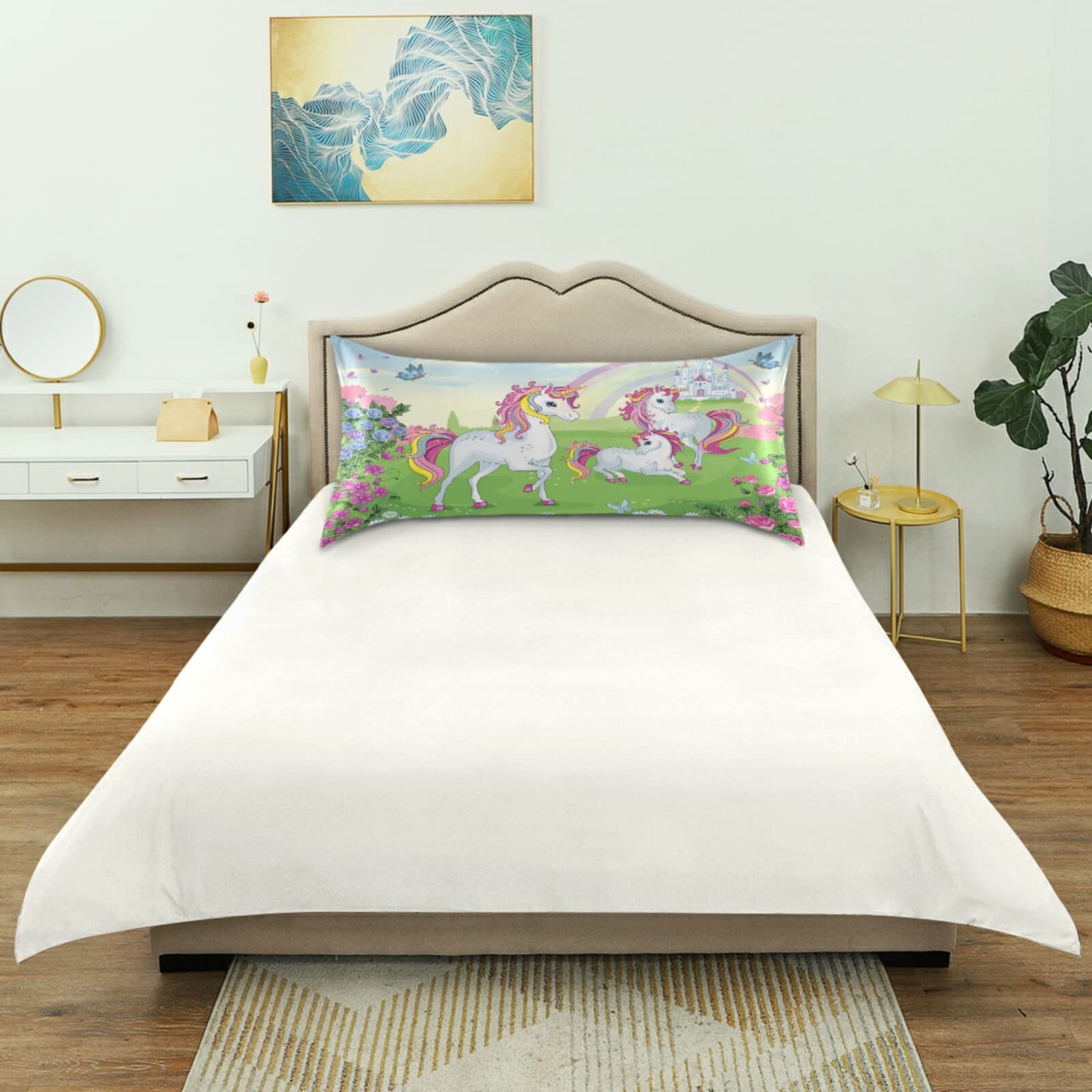 ALAZA Satin Pillowcase for Hair & Skin Care - Soft Standard Size 26x20 Inches with Unicorn, Castle & Rainbow Design - Perfect for Beauty Sleep & Bedroom Decor