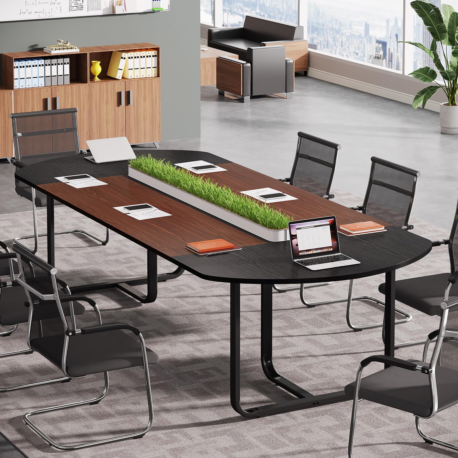 Tribesigns 6FT Modern Oval Conference Table - Walnut & Black Large Meeting Room Table for Office, Seminar & Team Collaboration | Perfect for Boardrooms, Training Sessions & Professional Workspaces