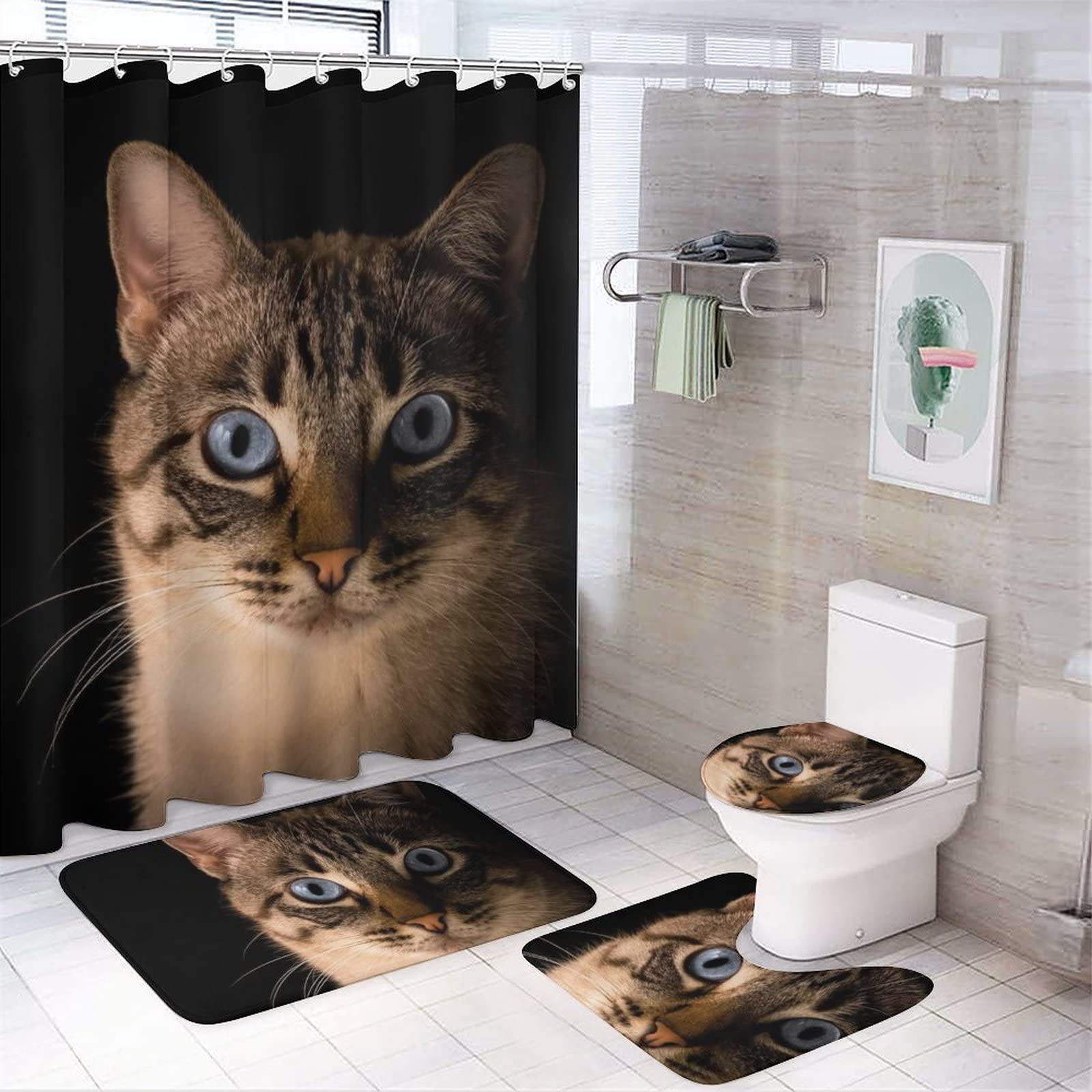 Big Eyes Cute Cat Shower Curtain Set with Non-Slip Bath Mat & Toilet Lid Cover - 4 Piece Bathroom Decor Accessories for Kids & Pet Lovers - Perfect for Themed Bathrooms, Nursery Decor, and Gift Ideas