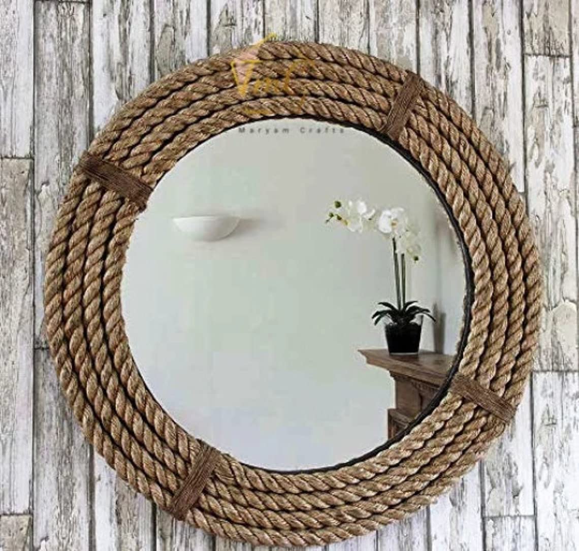Vintage Nautical Round Wall Mirror - Rustic Coastal Decor for Bathroom, Living Room & Bedroom | Perfect for Beach House, Farmhouse or Boho Style Home Decor