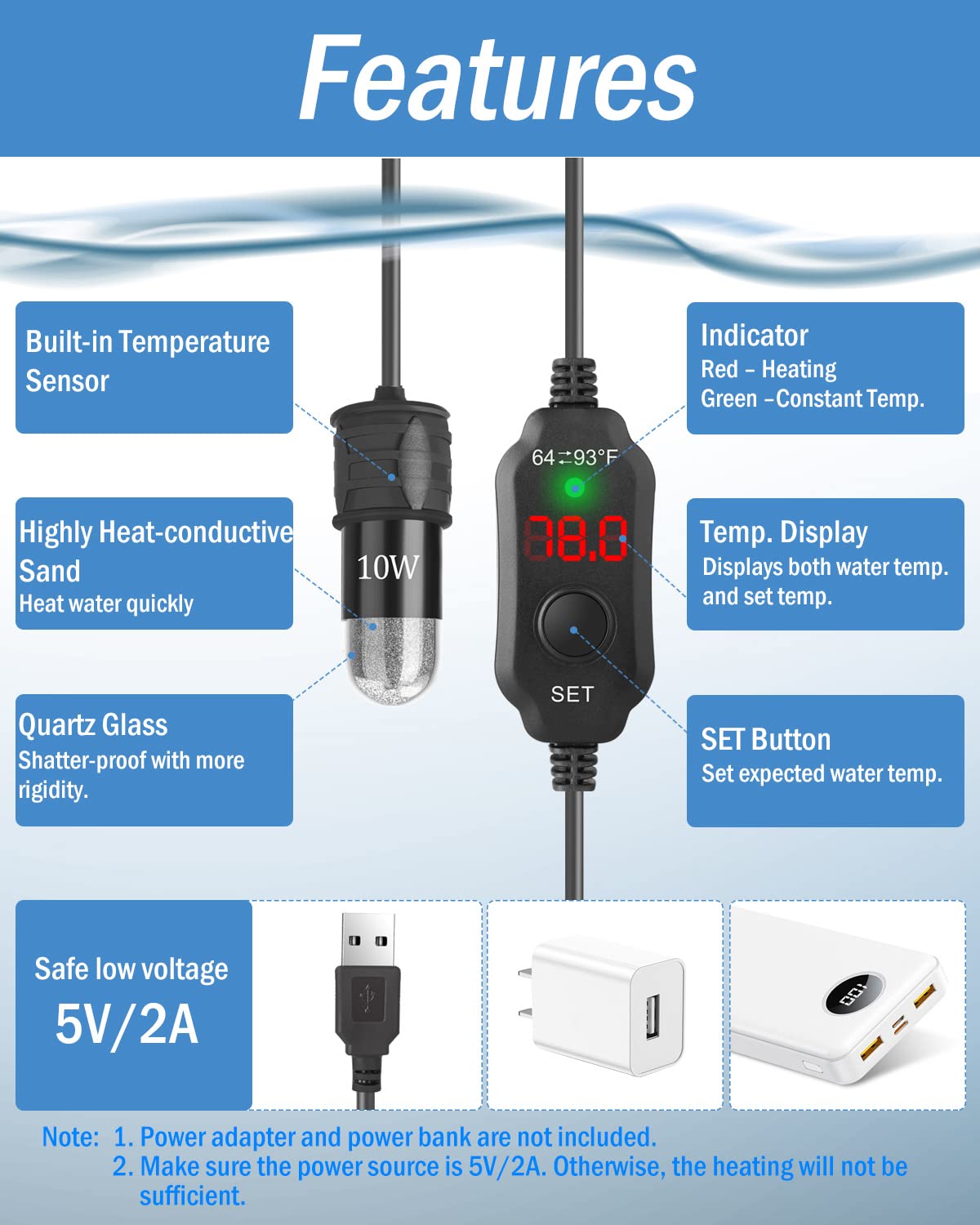 AquaMiracle Adjustable 10W USB-Powered Betta Heater with Digital Thermostat - Submersible Mini Aquarium Heater for 1 Gallon Fish Tanks | Perfect for Small Betta Bowls, Nano Tanks & Desktop Aquariums