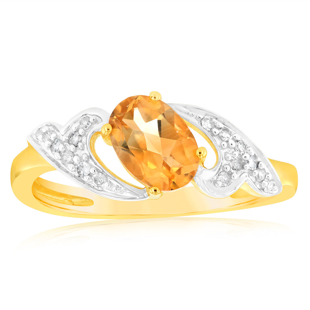 9ct Yellow & White Gold Two Tone Natural Citrine & Diamond Ring for Women - Elegant Jewelry Gift for Anniversary, Birthday & Special Occasions