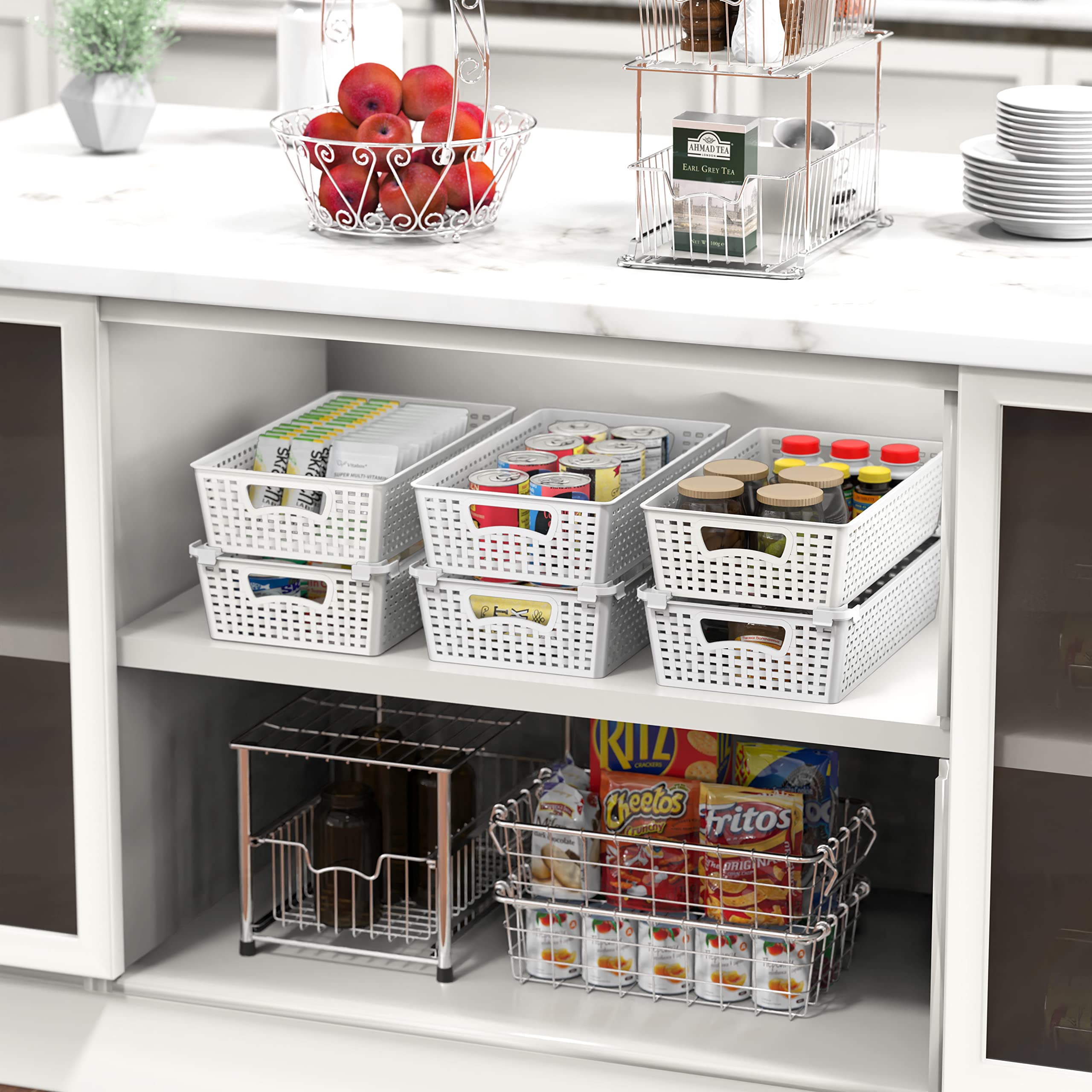 Stackable Plastic Storage Baskets - 6 Pack White Pantry Organizer Bins (14.5