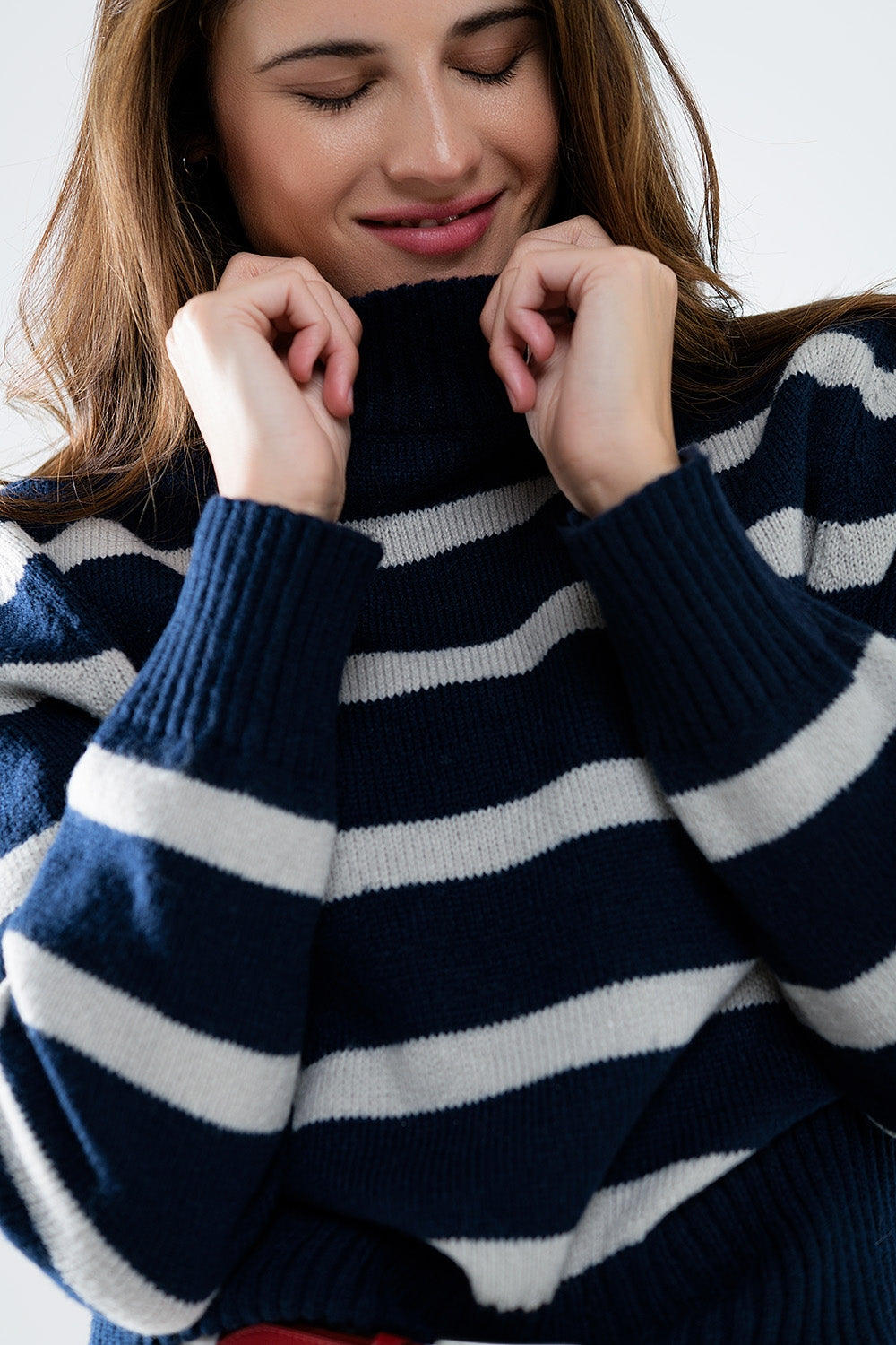 Men's Striped Pullover High Neck Sweater in Navy Blue & Gray - Perfect for Casual Wear, Office Outfits, and Winter Layering