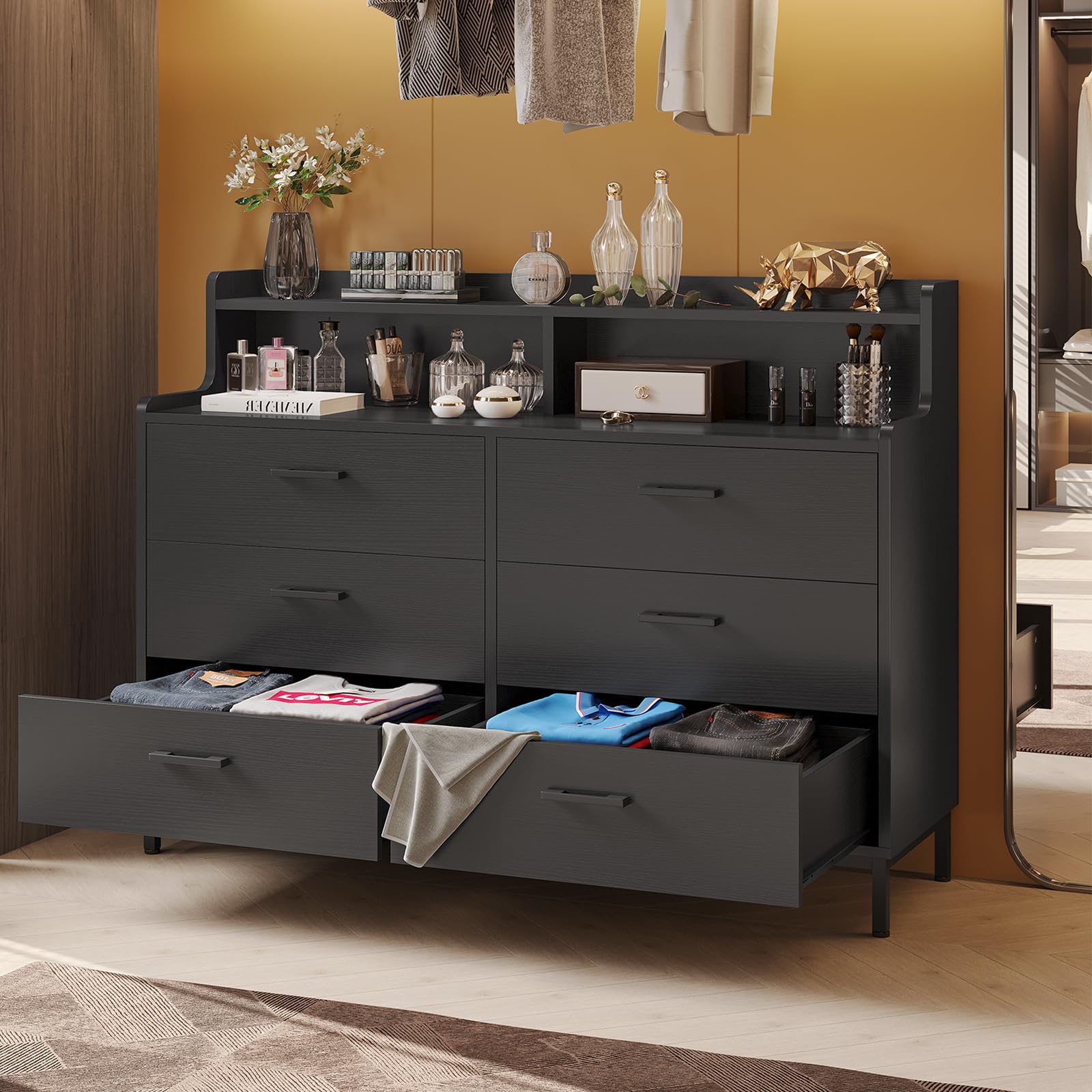 Hasuit 6-Drawer Black Dresser for Bedroom with Storage Shelves - Sturdy Steel Legs Wooden Chest Organizer - Perfect for Bedroom, Closet & Entryway Storage Solutions