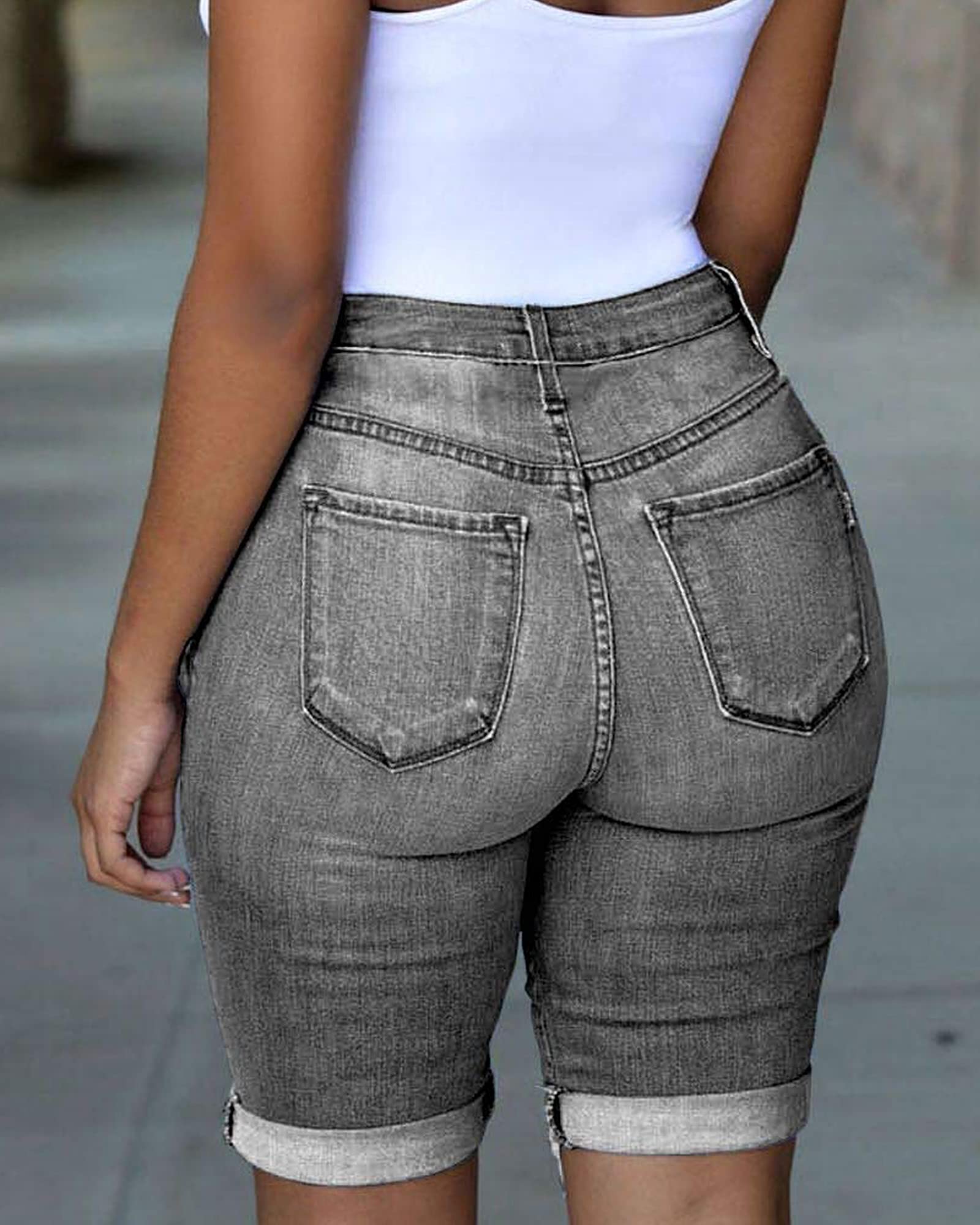 Roswear Women's Ripped Denim Destroyed Mid Rise Stretchy Bermuda Shorts - Comfortable Distressed Jeans for Casual Wear, Summer Outfits & Street Style Fashion